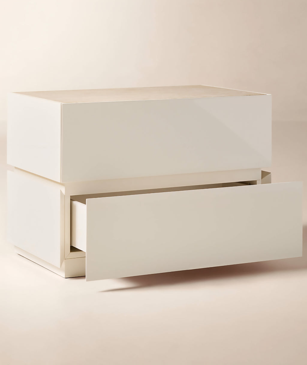THE ONE × Dover — Warm White Lacquered Nightstand with Travertine Top