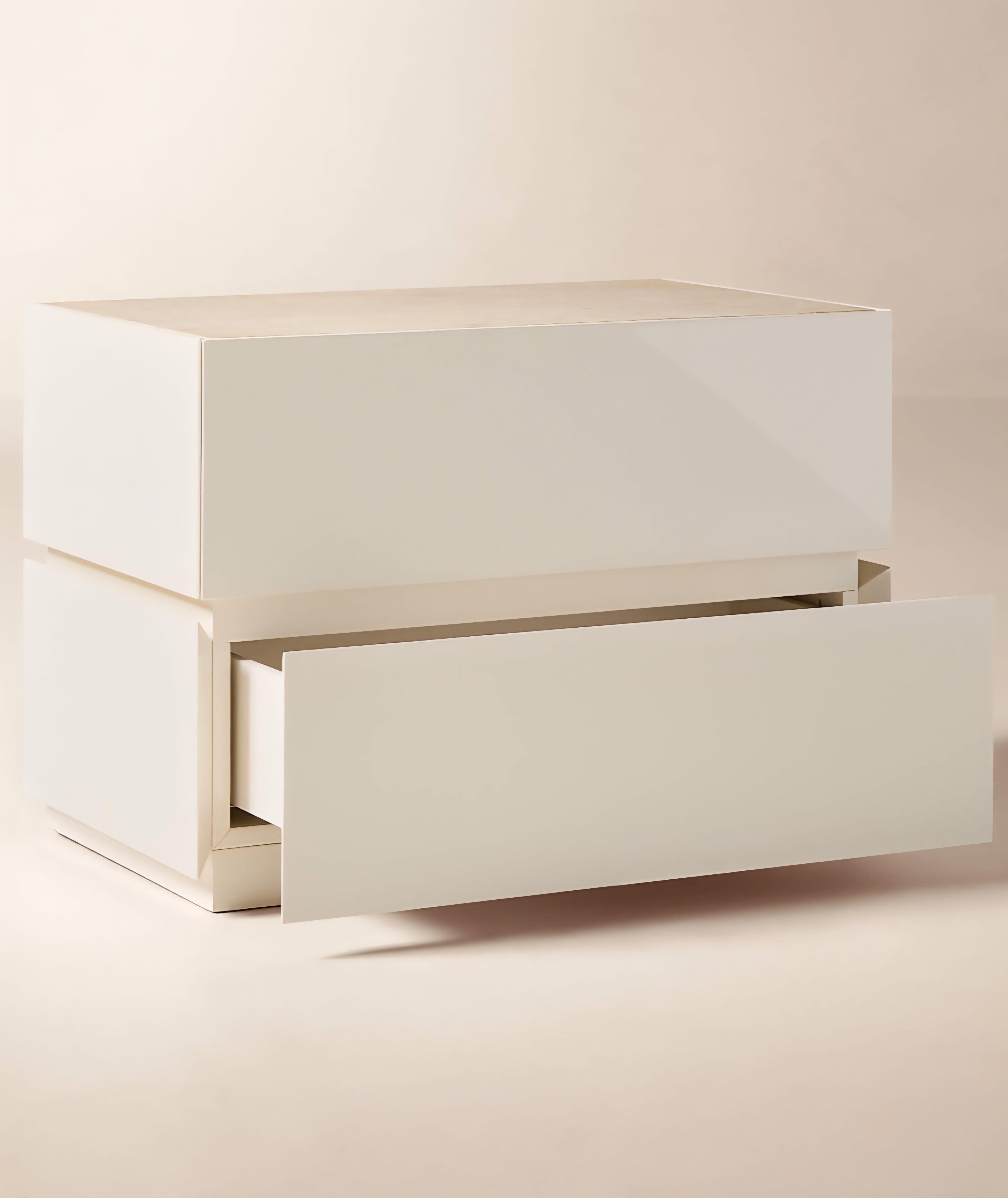 THE ONE × Dover — Warm White Lacquered Nightstand with Travertine Top