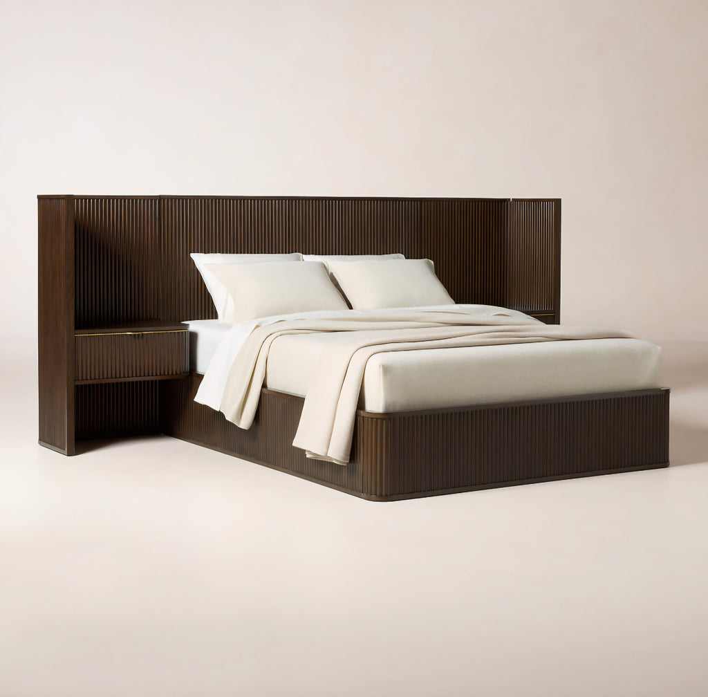 THE ONE × Davison — Fluted Dark Brown Wood Queen Bed with Nightstands