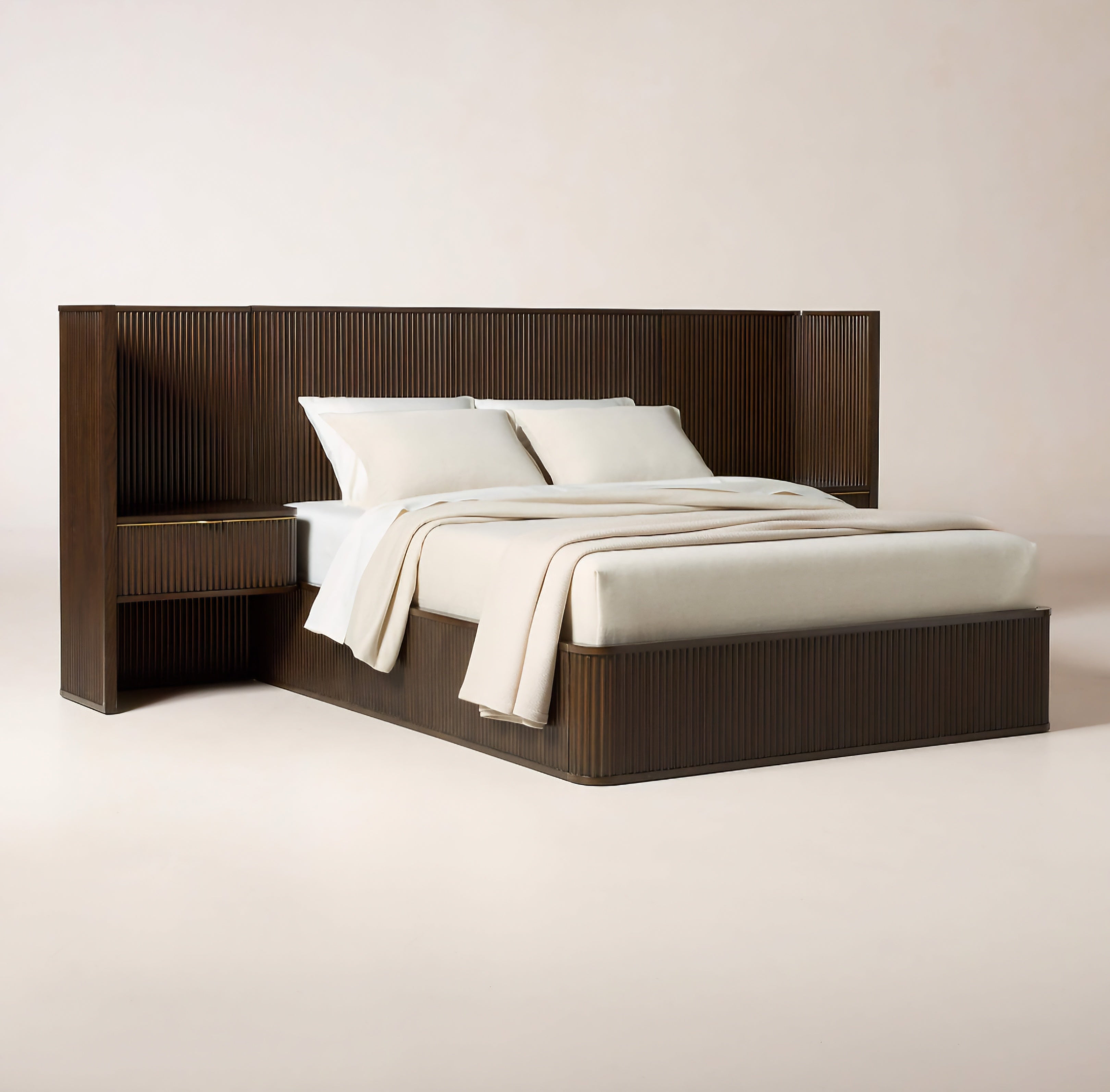 THE ONE × Davison — Fluted Dark Brown Wood Queen Bed with Nightstands