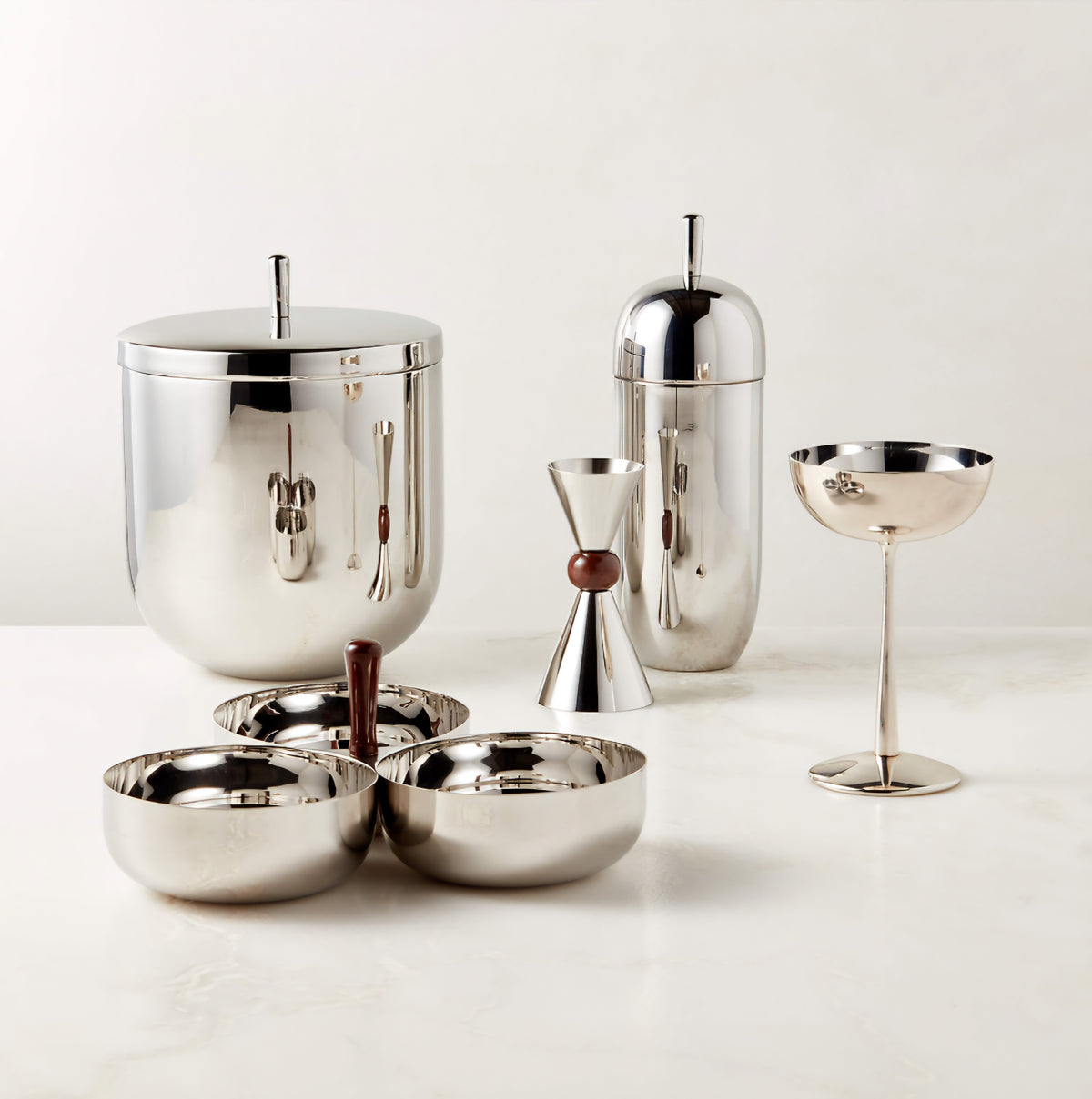 THE ONE × Kalman — Polished Stainless Steel and Walnut Serving Bowl Trio