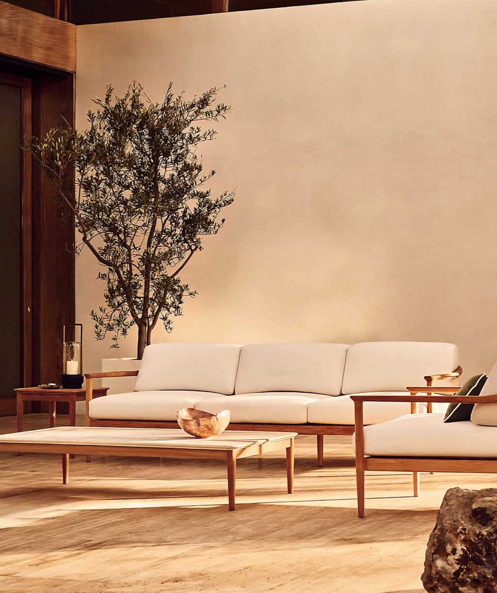 THE ONE × Tide — 60" Rectangular Travertine & Teak Outdoor Coffee Table