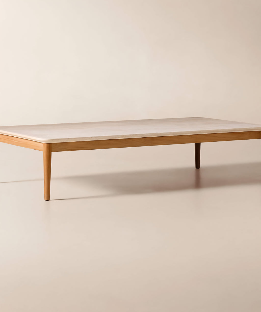 THE ONE × Tide — 60" Rectangular Travertine & Teak Outdoor Coffee Table