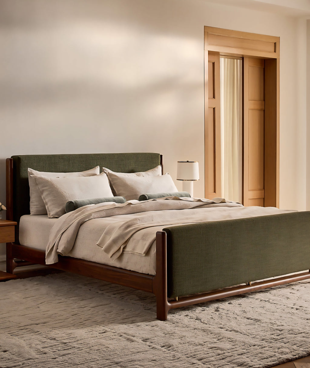 THE ONE × Tavola — Walnut and Warm White Upholstered Queen Bed