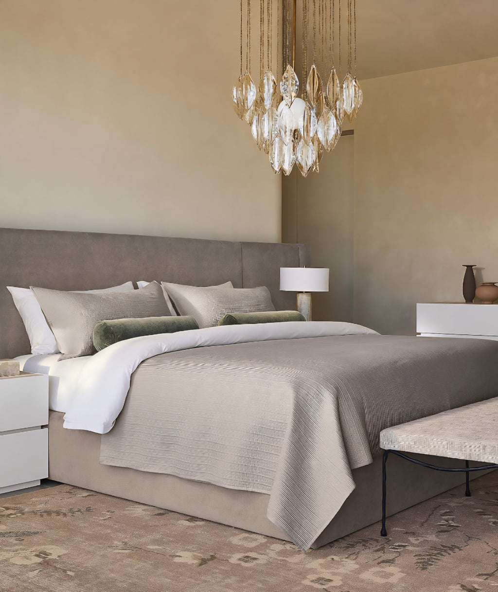 THE ONE × Dover — Warm White Lacquered Nightstand with Travertine Top