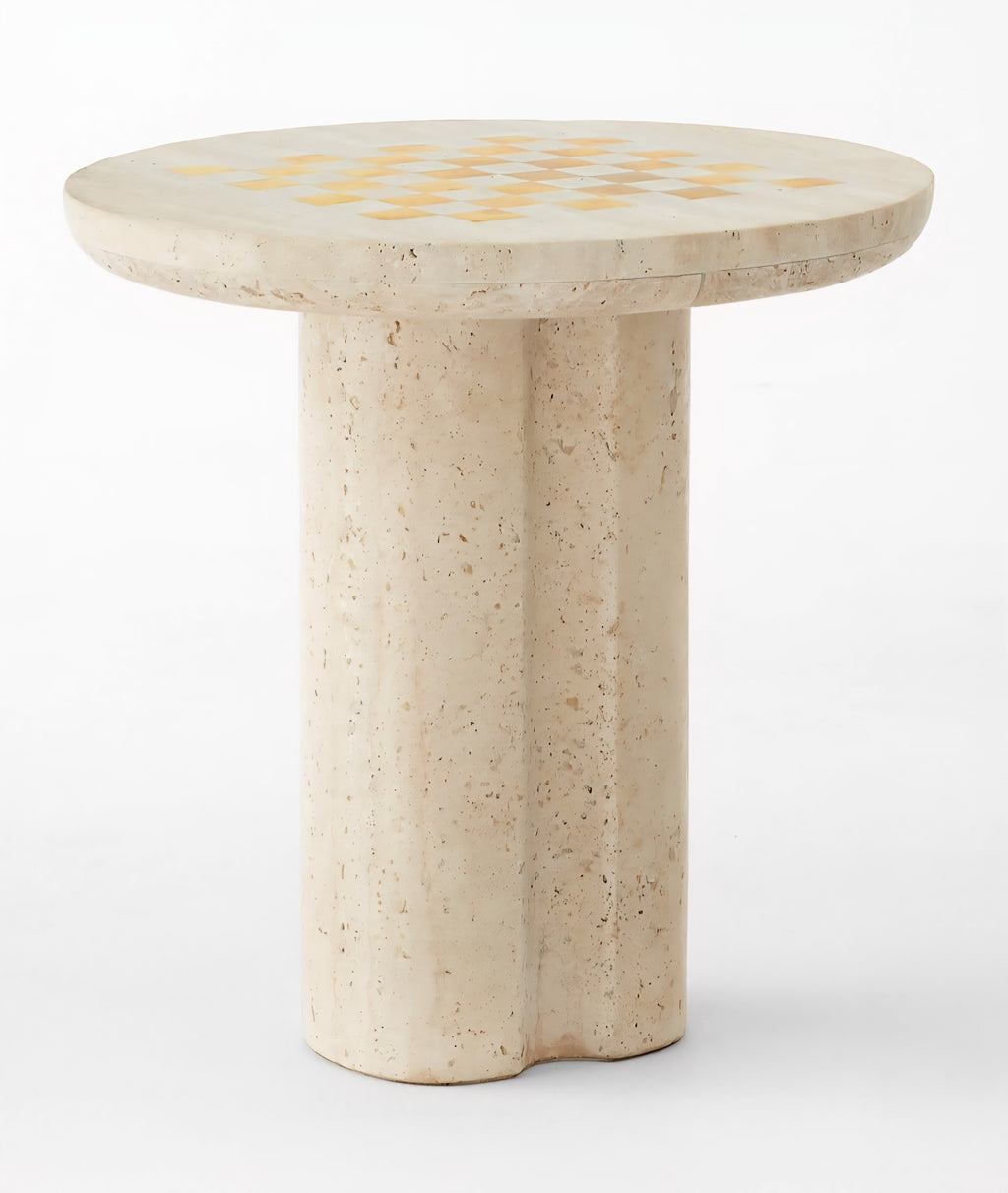 THE ONE × Kikko — White Travertine & Brass Inlay Game Side Table