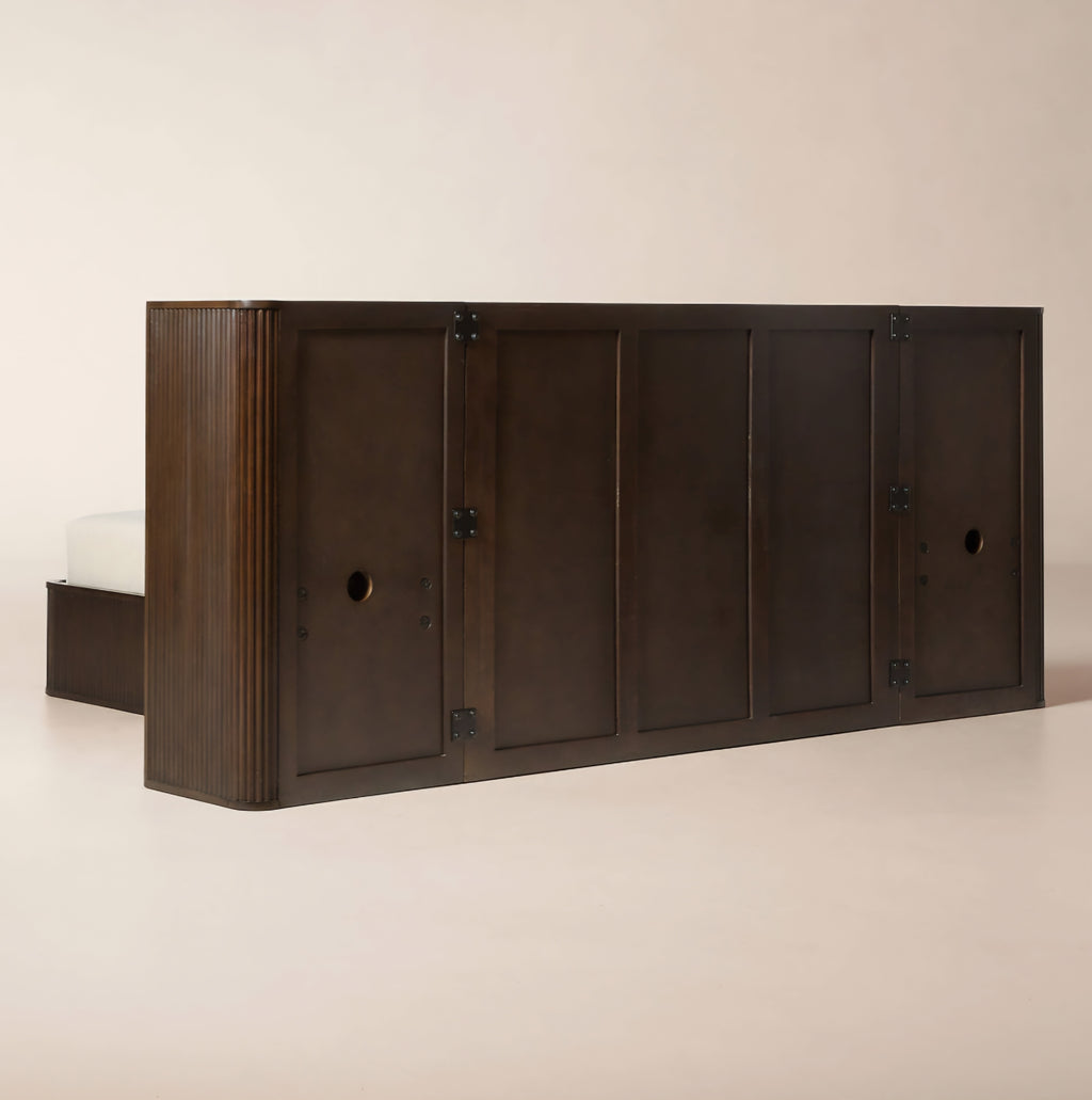 THE ONE × Davison — Fluted Dark Brown Wood Queen Bed with Nightstands
