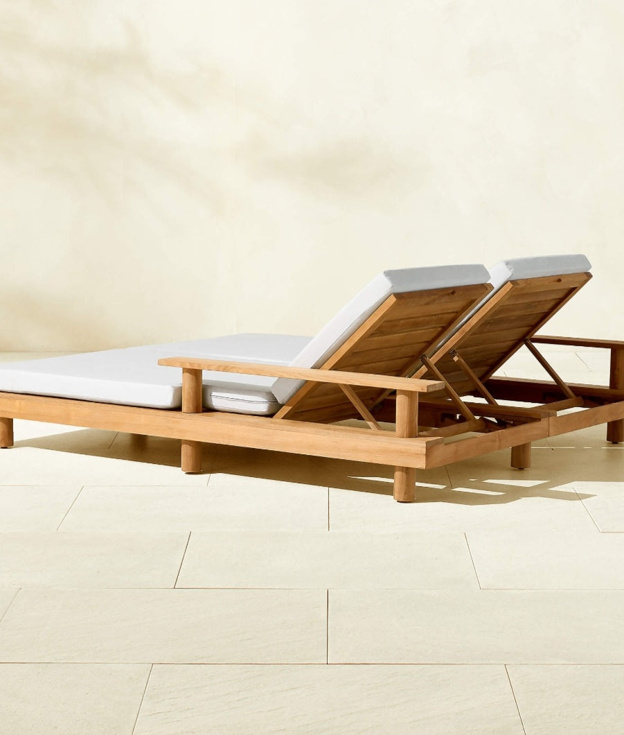 THE ONE × Pinet — Teak Outdoor Double Chaise Lounge with Warm Light Grey Sunbrella® Cushions