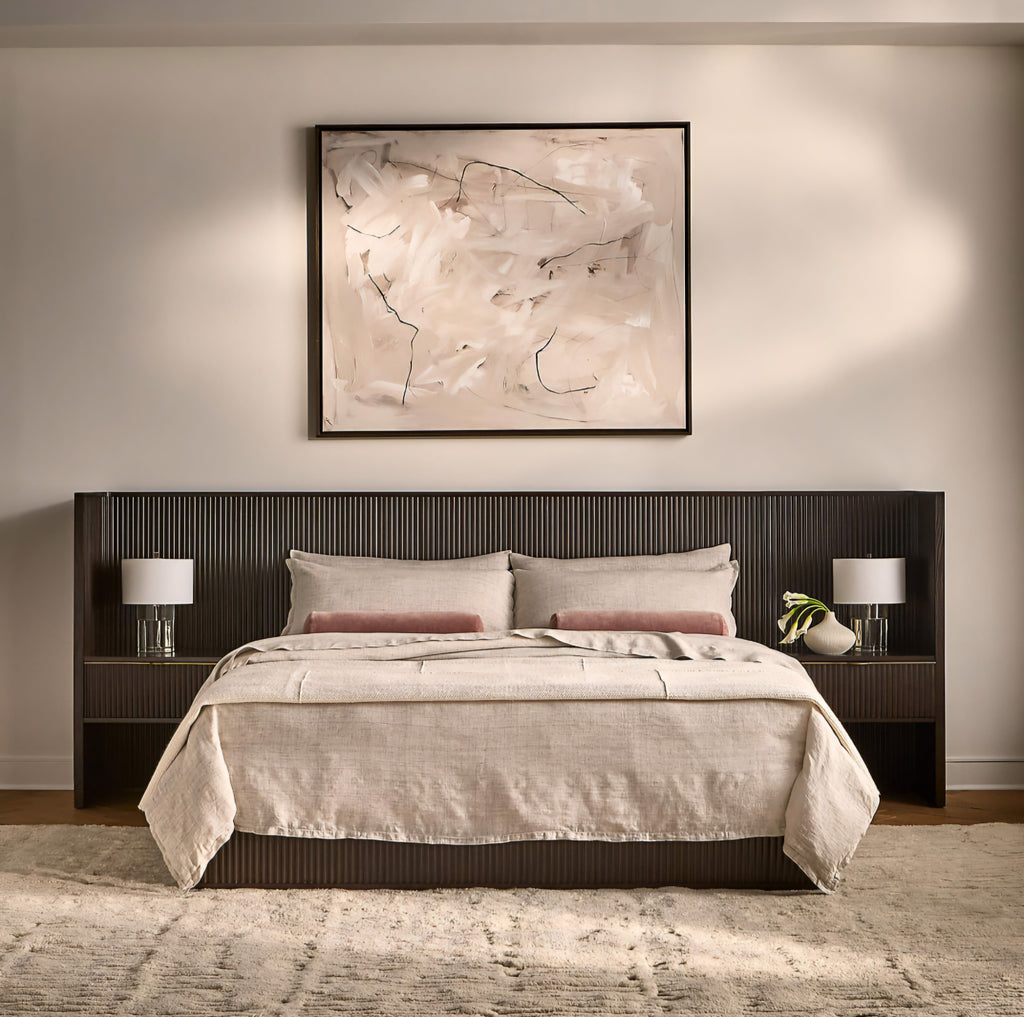 THE ONE × Davison — Fluted Dark Brown Wood Queen Bed with Nightstands