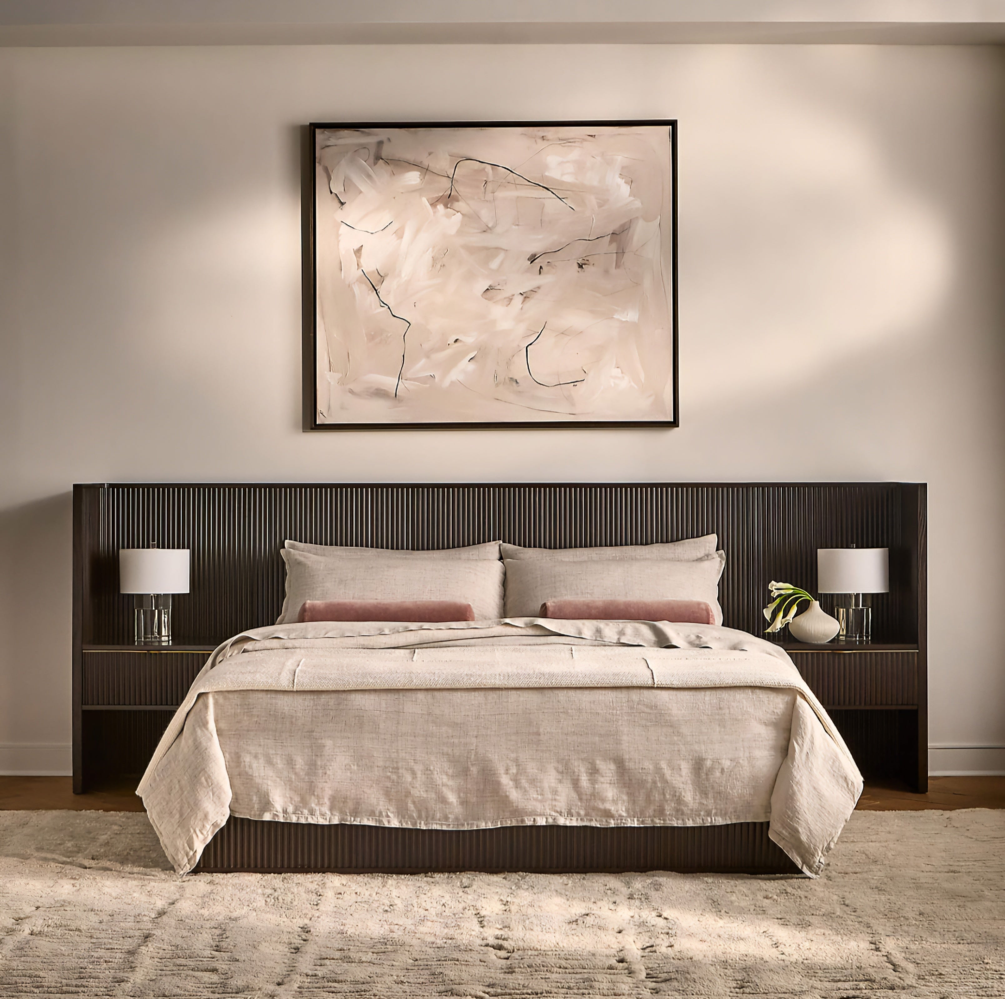 THE ONE × Davison — Fluted Dark Brown Wood Queen Bed with Nightstands