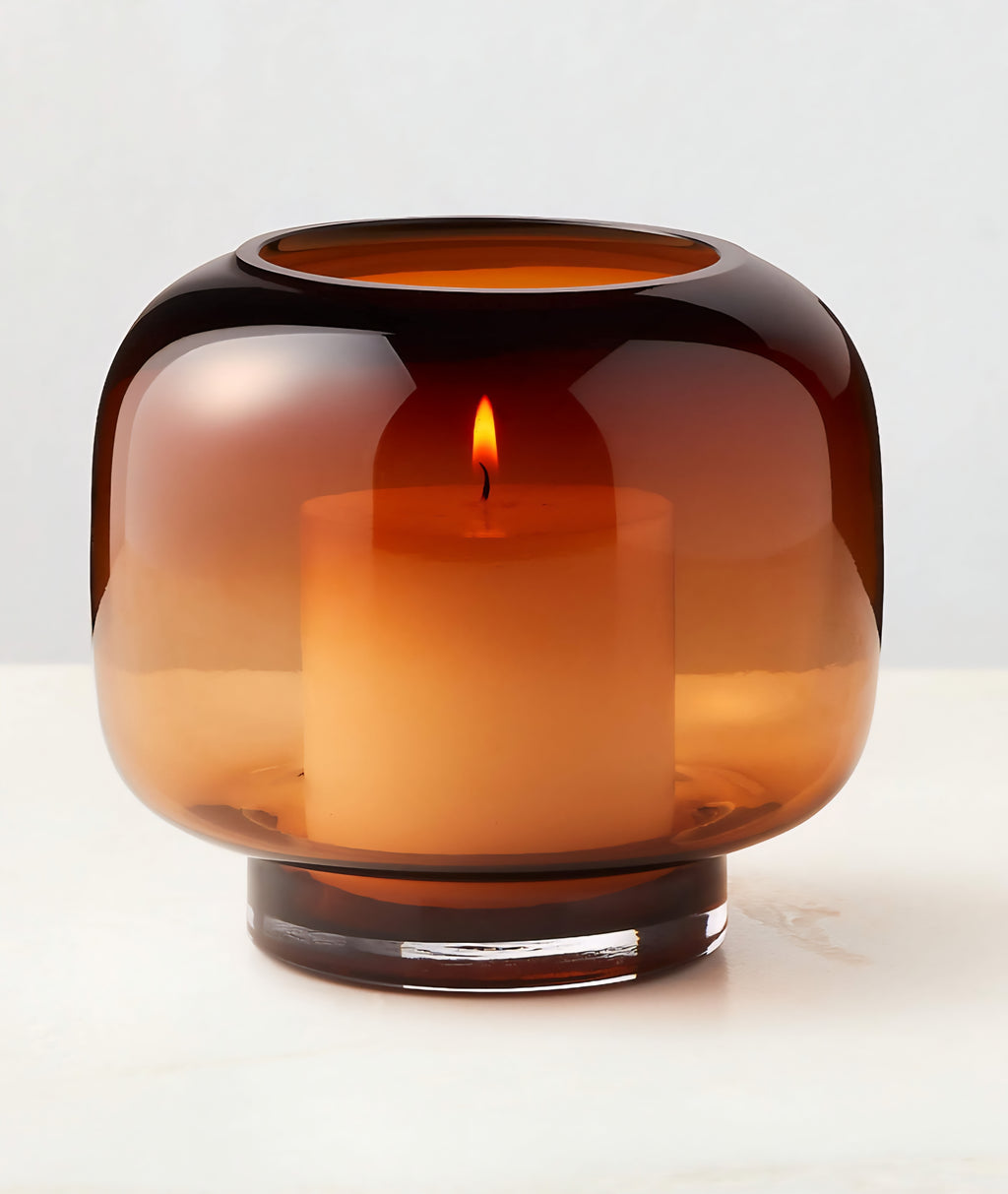 THE ONE × Coco — Round Smoked Amber Glass Hurricane Candle Holder