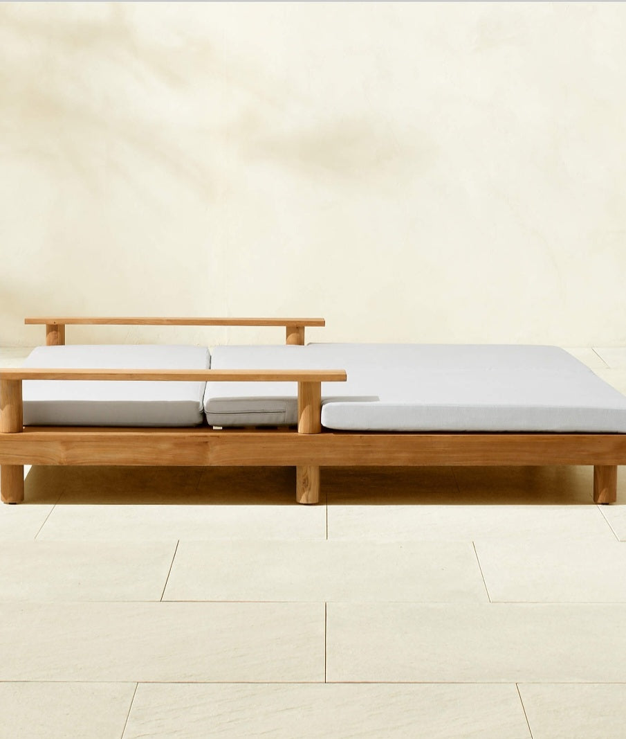 THE ONE × Pinet — Teak Outdoor Double Chaise Lounge with Warm Light Grey Sunbrella® Cushions