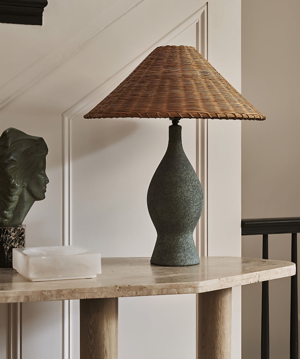 THE ONE × Courbe — Green Ceramic Table Lamp with Rattan Shade