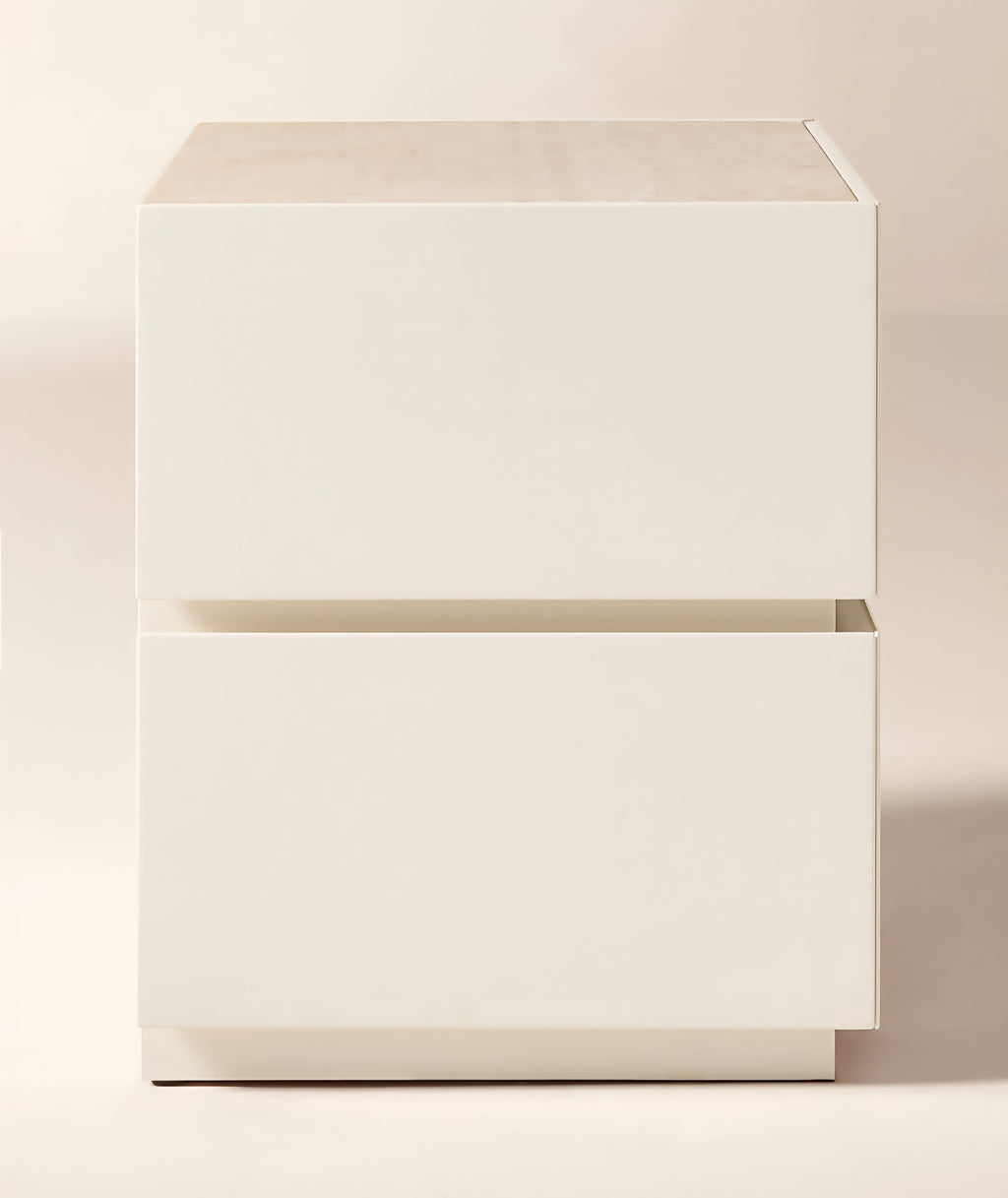 THE ONE × Dover — Warm White Lacquered Nightstand with Travertine Top