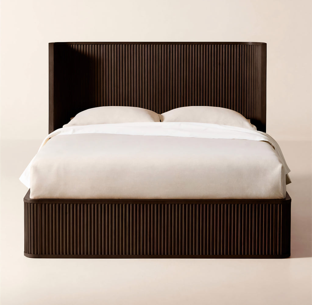 THE ONE × Davison — Fluted Dark Brown Wood Queen Bed