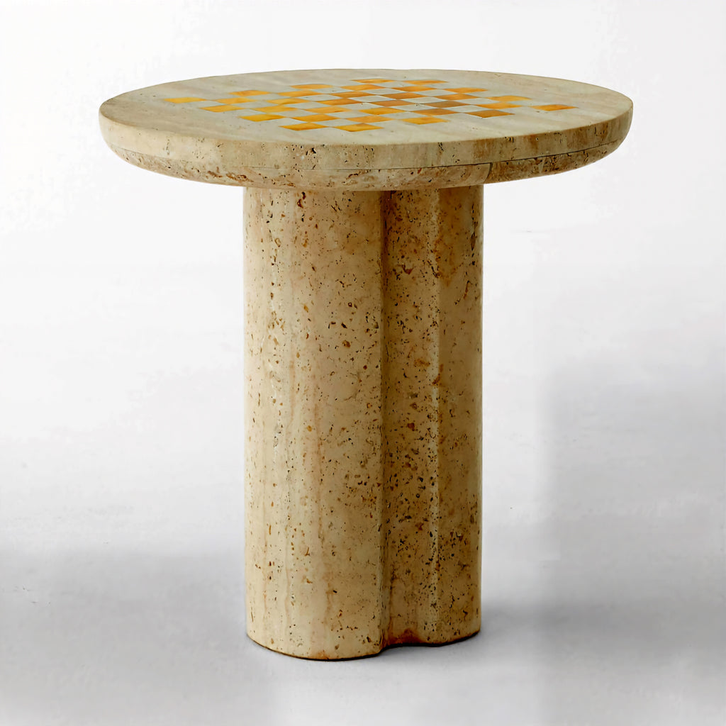 THE ONE × Kikko — White Travertine & Brass Inlay Game Side Table