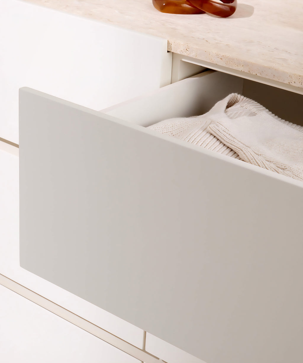 THE ONE × Dover — 9-Drawer Warm White Lacquered Dresser with Travertine Top