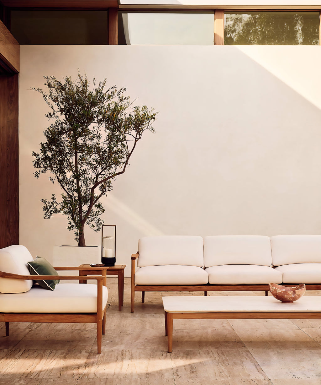 THE ONE × Tide — 60" Rectangular Travertine & Teak Outdoor Coffee Table