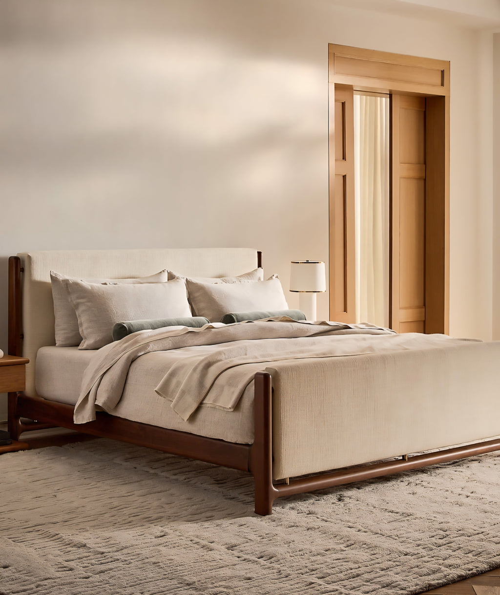 THE ONE × Tavola — Walnut and Warm White Upholstered Queen Bed