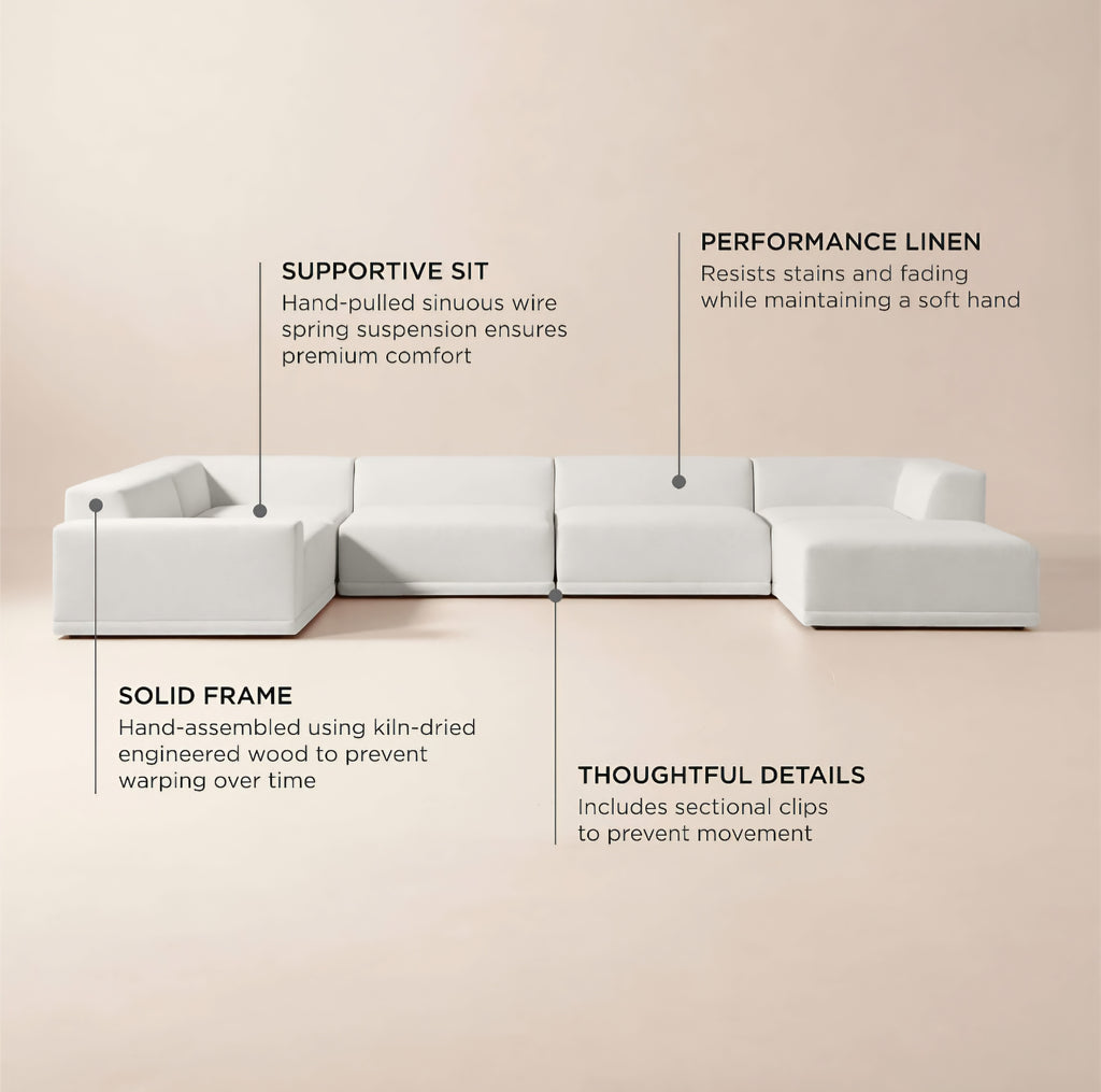 THE ONE × Faible — 6-Piece U-Shaped White Performance Linen Standard Depth Sectional Sofa with Left Arm