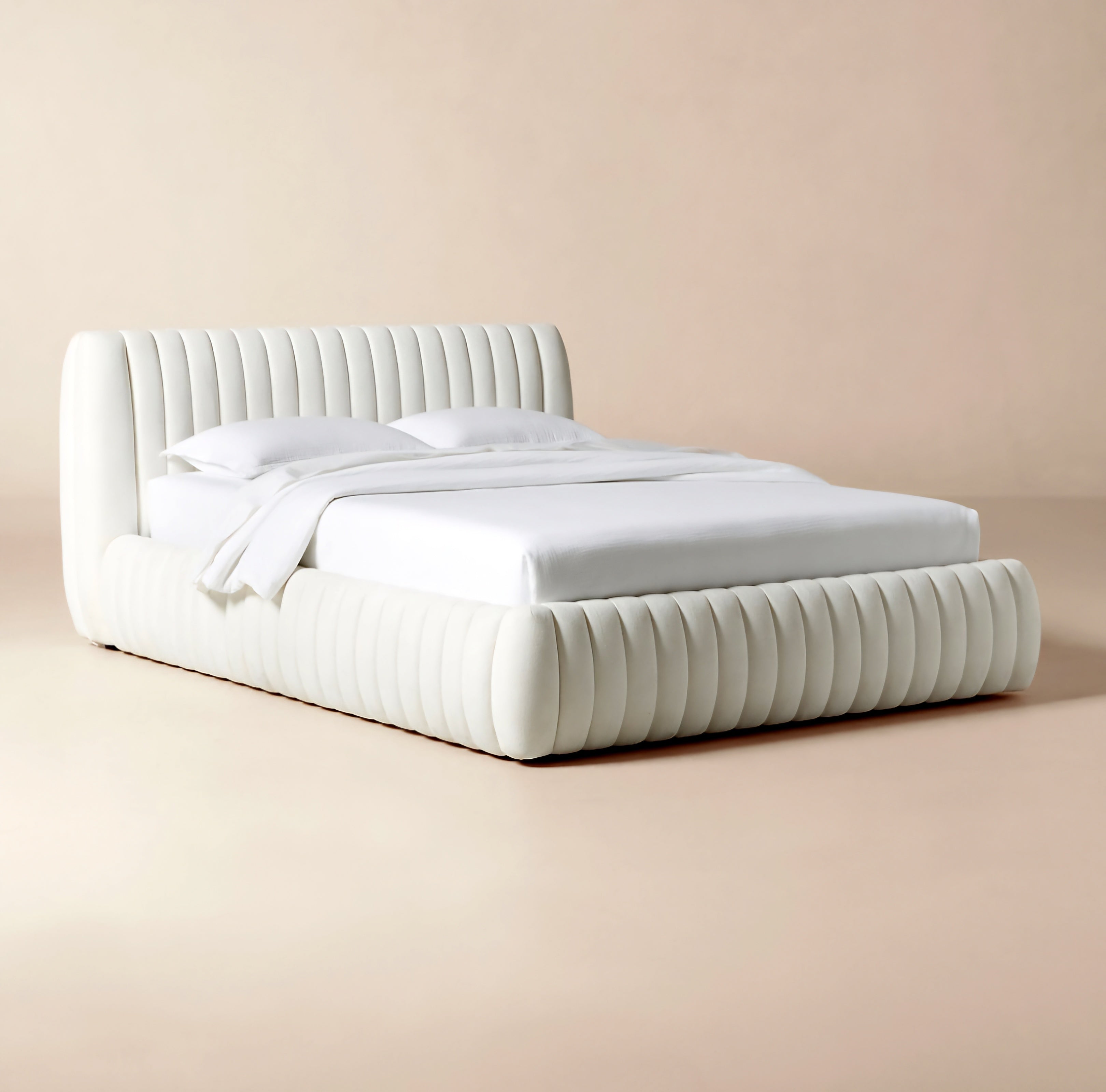 THE ONE × Wolcott — Channeled White Performance Fabric Queen Bed