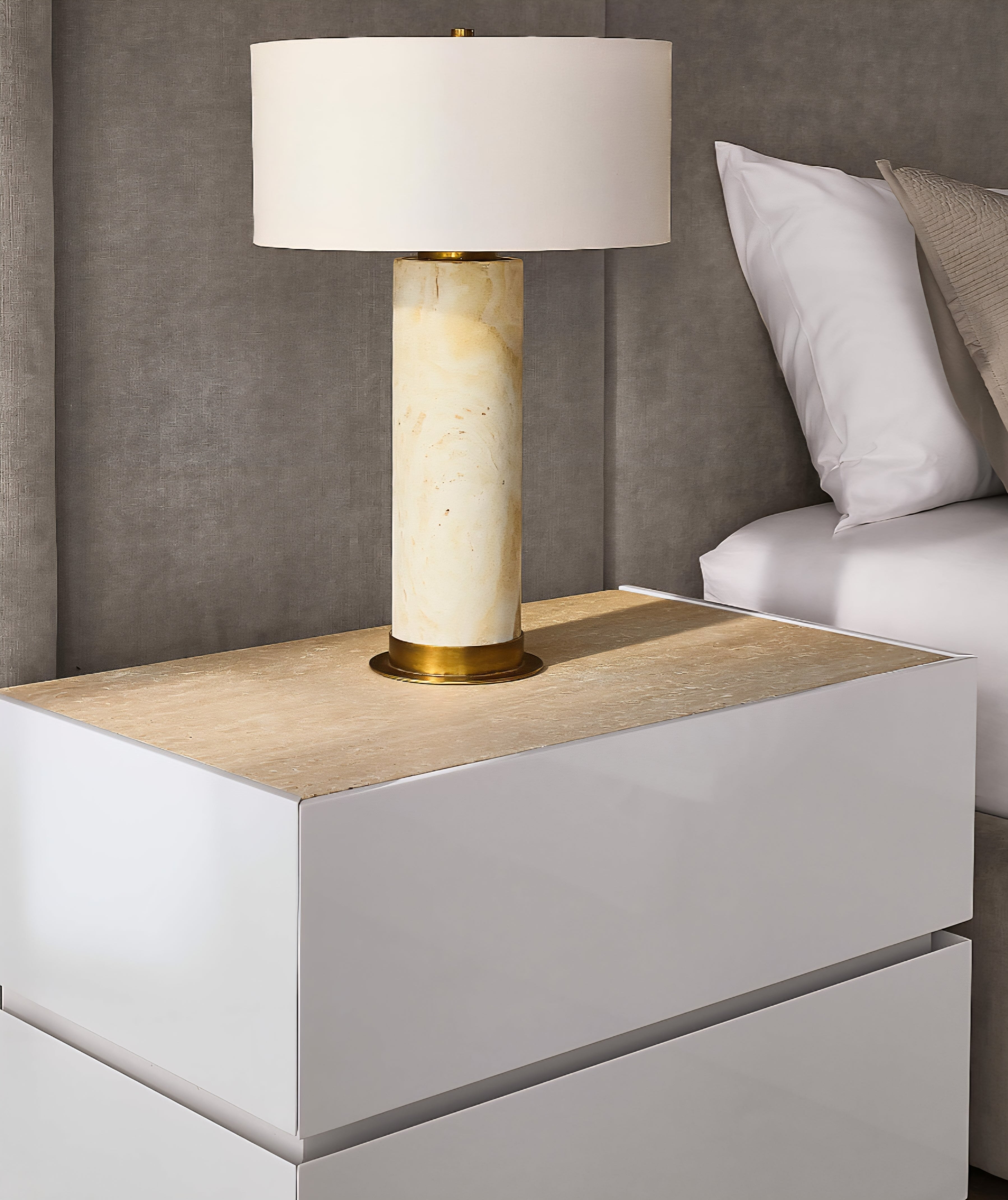THE ONE × Dover — Warm White Lacquered Nightstand with Travertine Top