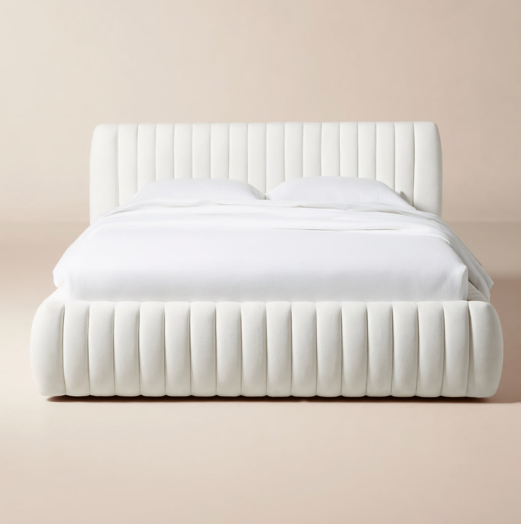 THE ONE × Wolcott — Channeled White Performance Fabric Queen Bed