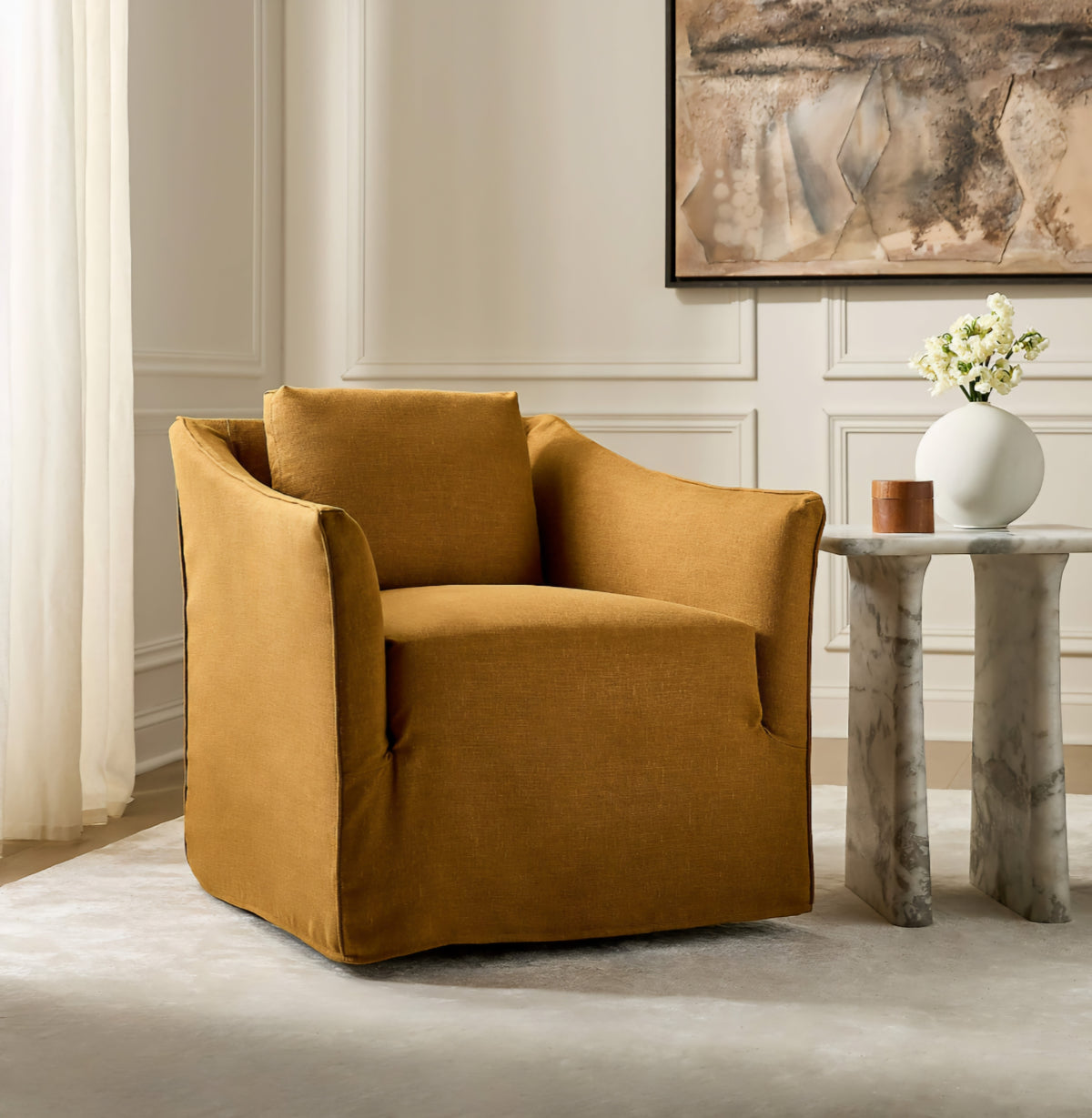 THE ONE × Bristol — Cognac Slipcovered Performance Linen Swivel Chair