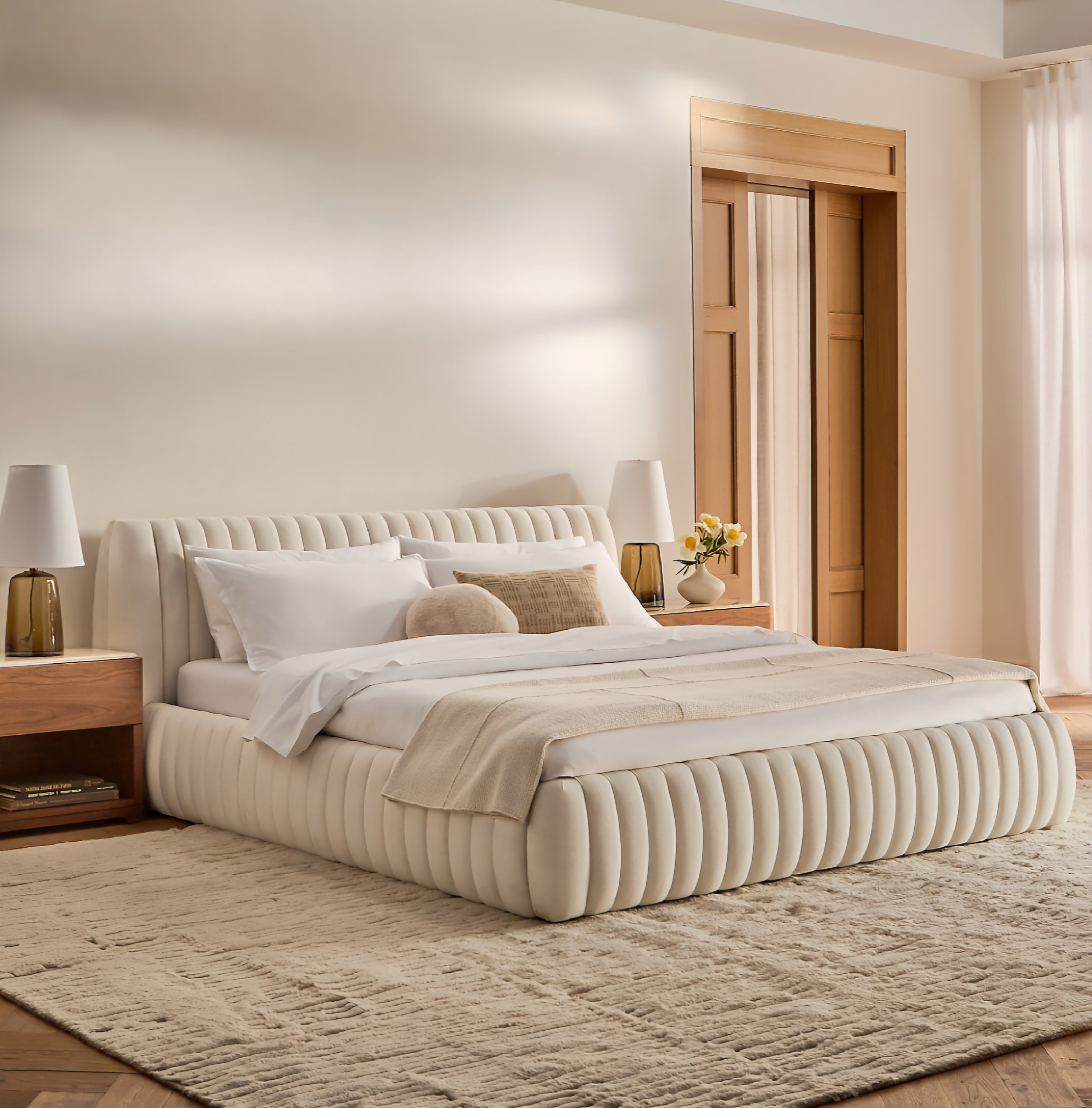 THE ONE × Wolcott — Channeled White Performance Fabric Queen Bed