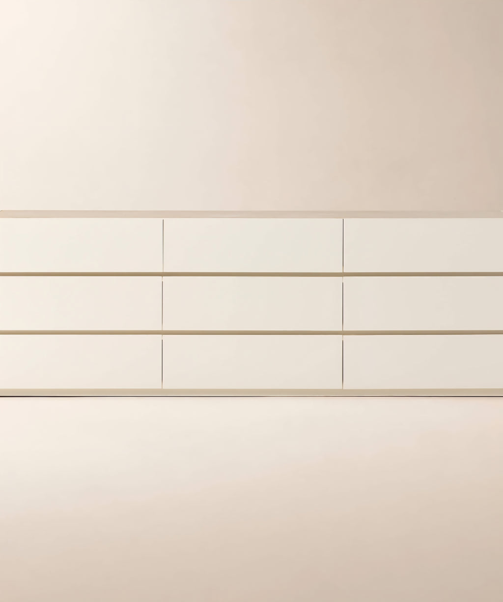 THE ONE × Dover — 9-Drawer Warm White Lacquered Dresser with Travertine Top