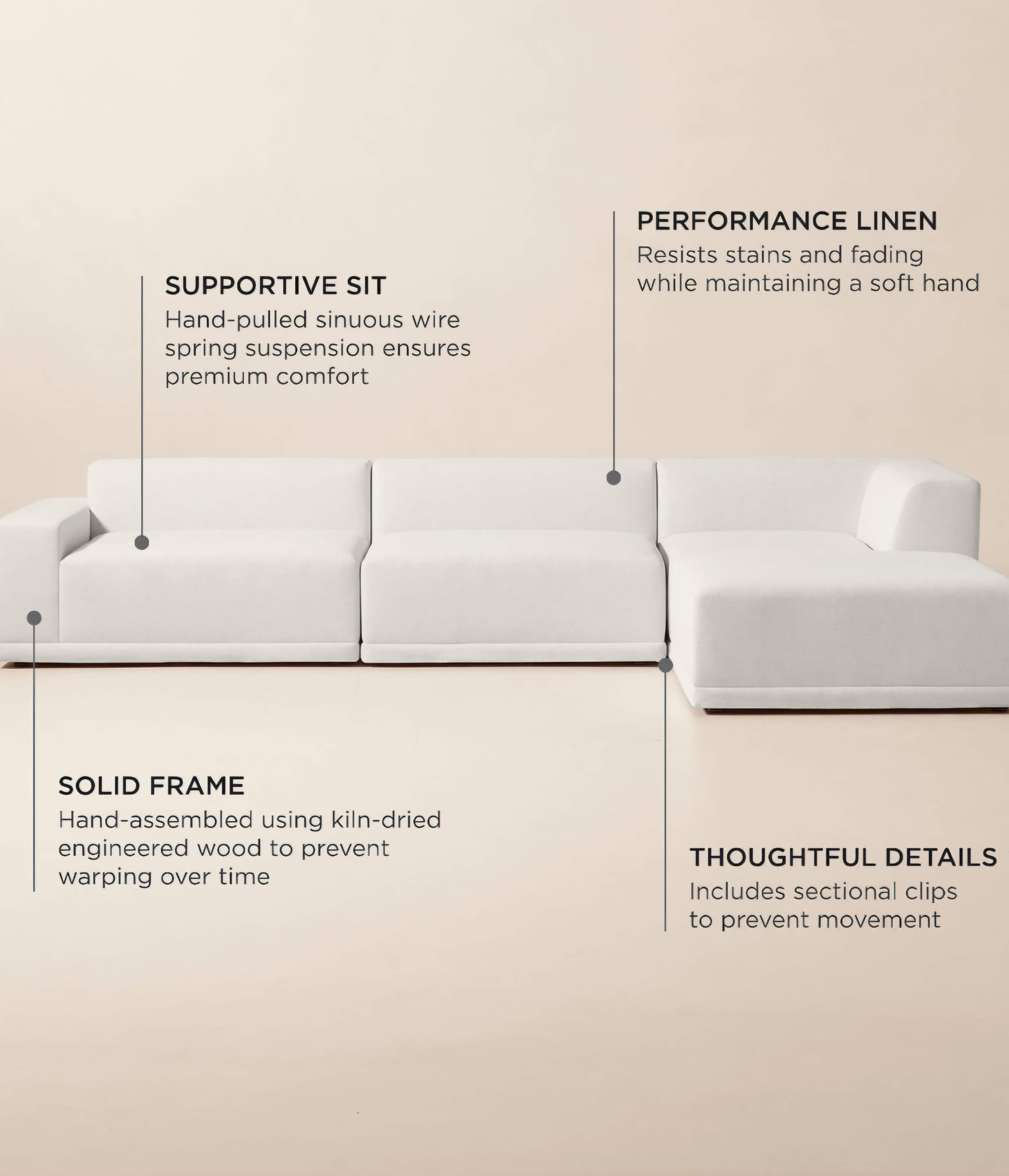 THE ONE × Faible — 4-Piece L-Shaped White Performance Linen Standard Depth Sectional Sofa with Left Arm