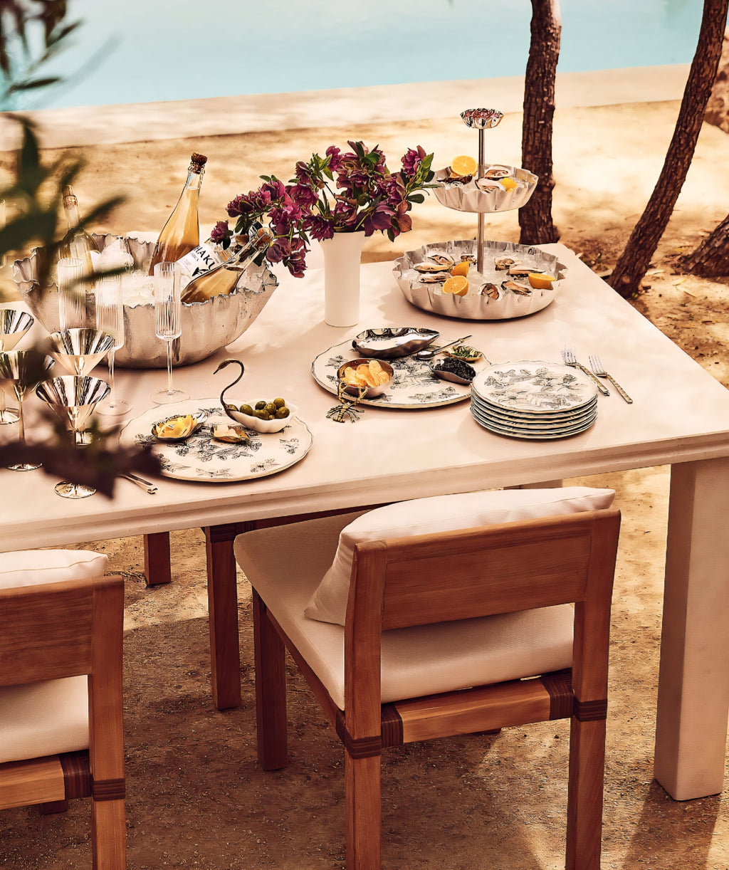 THE ONE × Oakley — Faux Limestone Indoor/Outdoor Dining Table Set with Ivory Sunbrella® Cushions