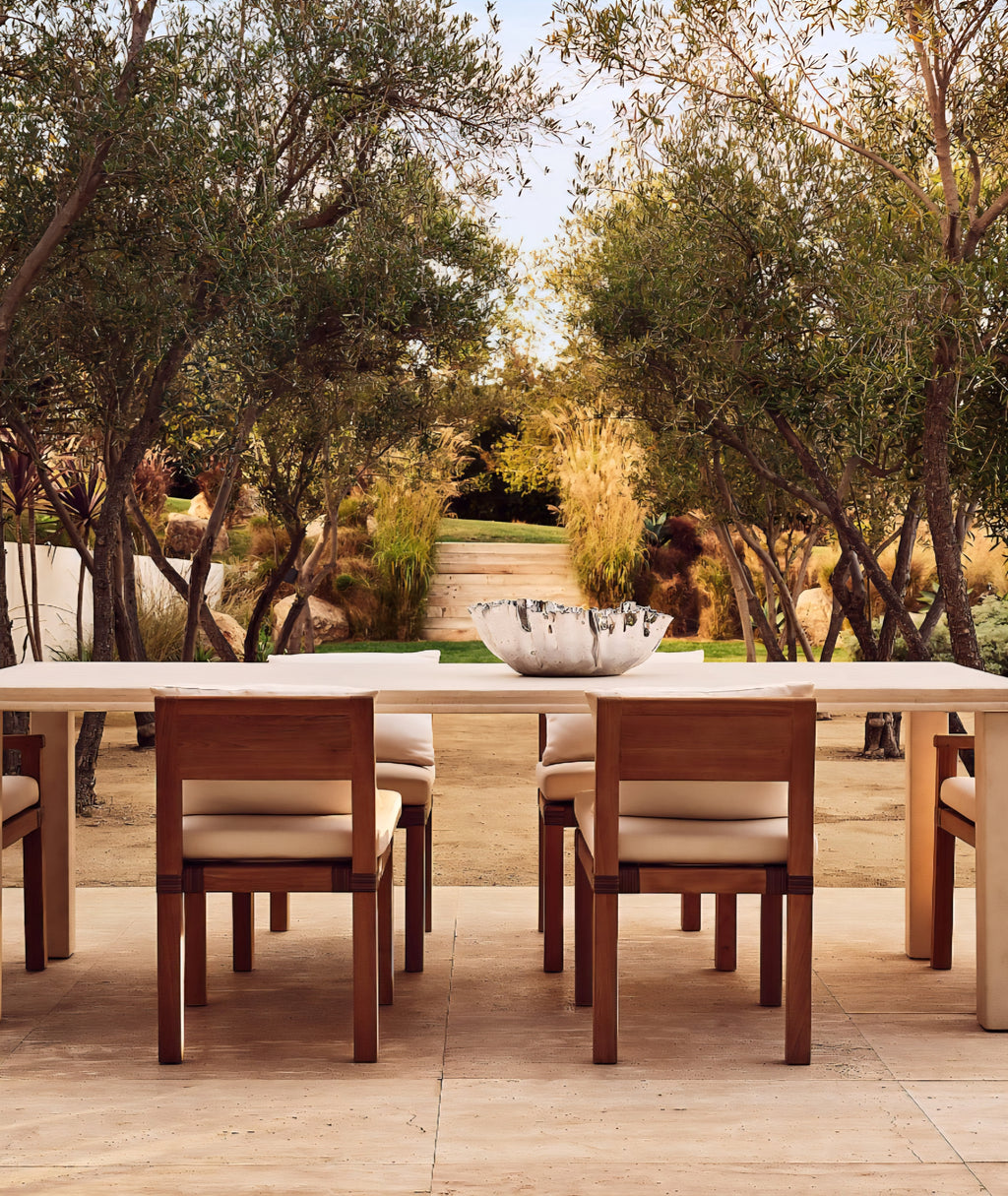 THE ONE × Oakley — Faux Limestone Indoor/Outdoor Dining Table Set with Ivory Sunbrella® Cushions