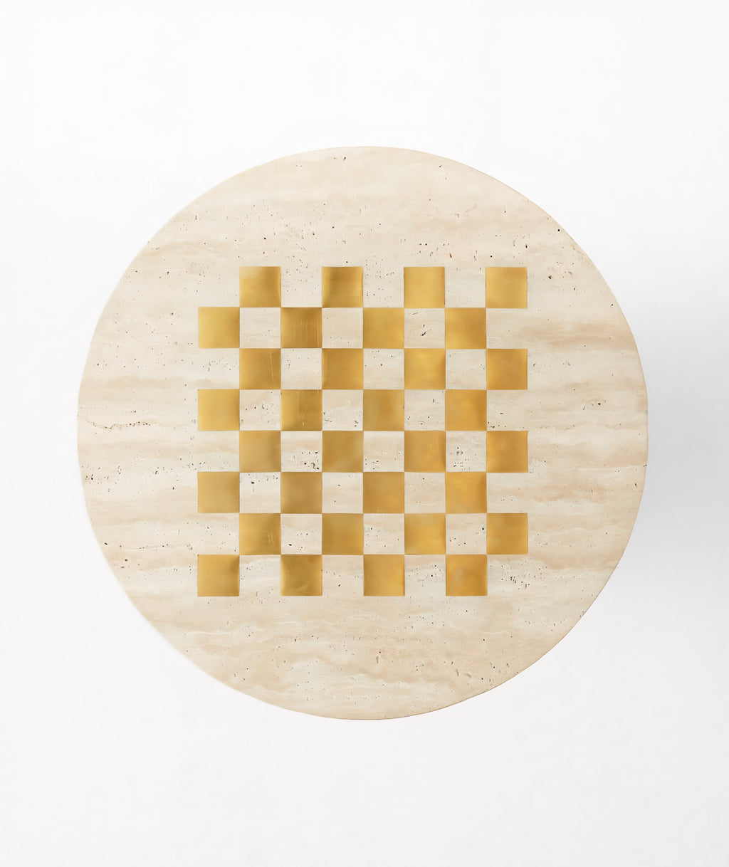THE ONE × Kikko — White Travertine & Brass Inlay Game Side Table