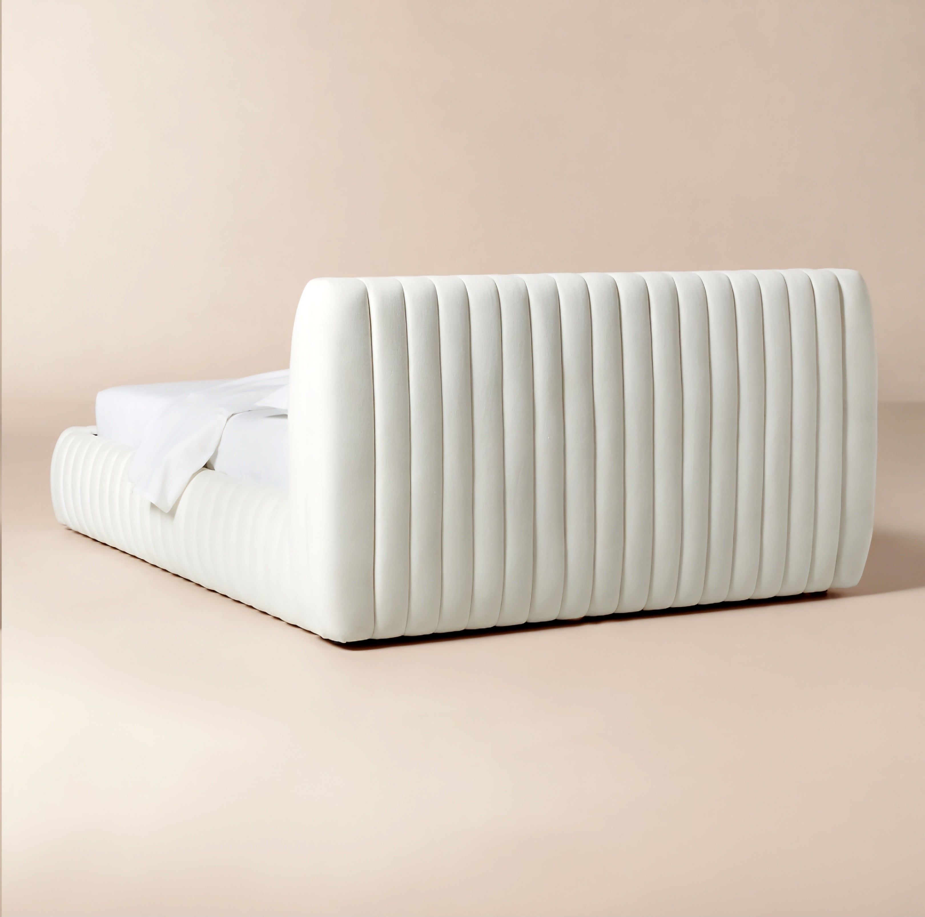 THE ONE × Wolcott — Channeled White Performance Fabric Queen Bed