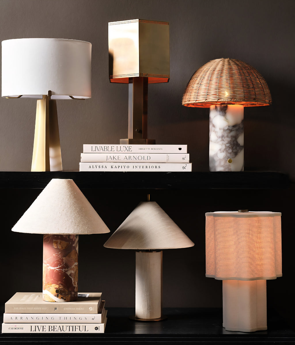 THE ONE × Chez — Red Marble Mini Table Lamp with Fabric Shade (14")