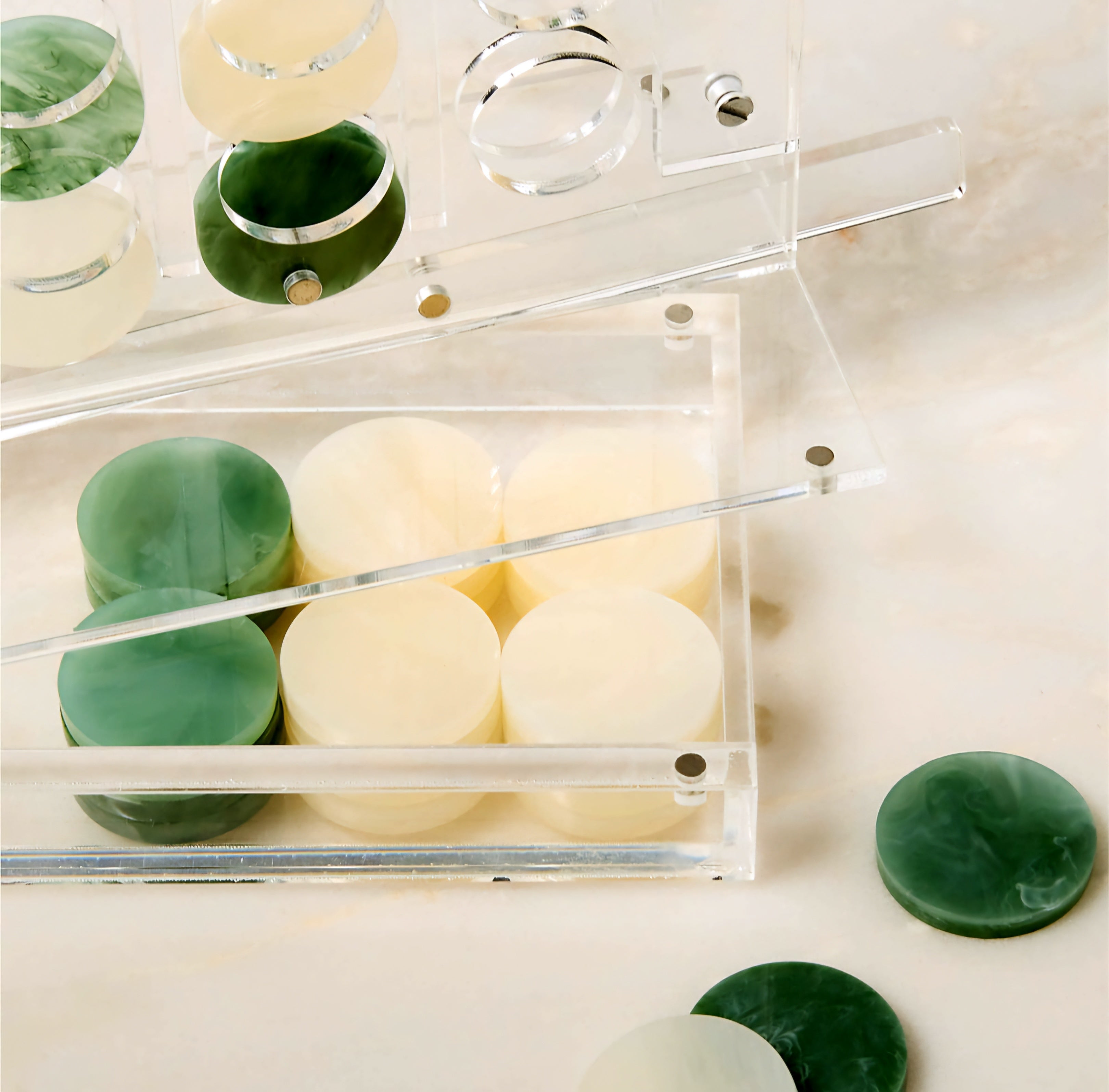 THE ONE × Four in a Row — Warm White and Green Acrylic Game