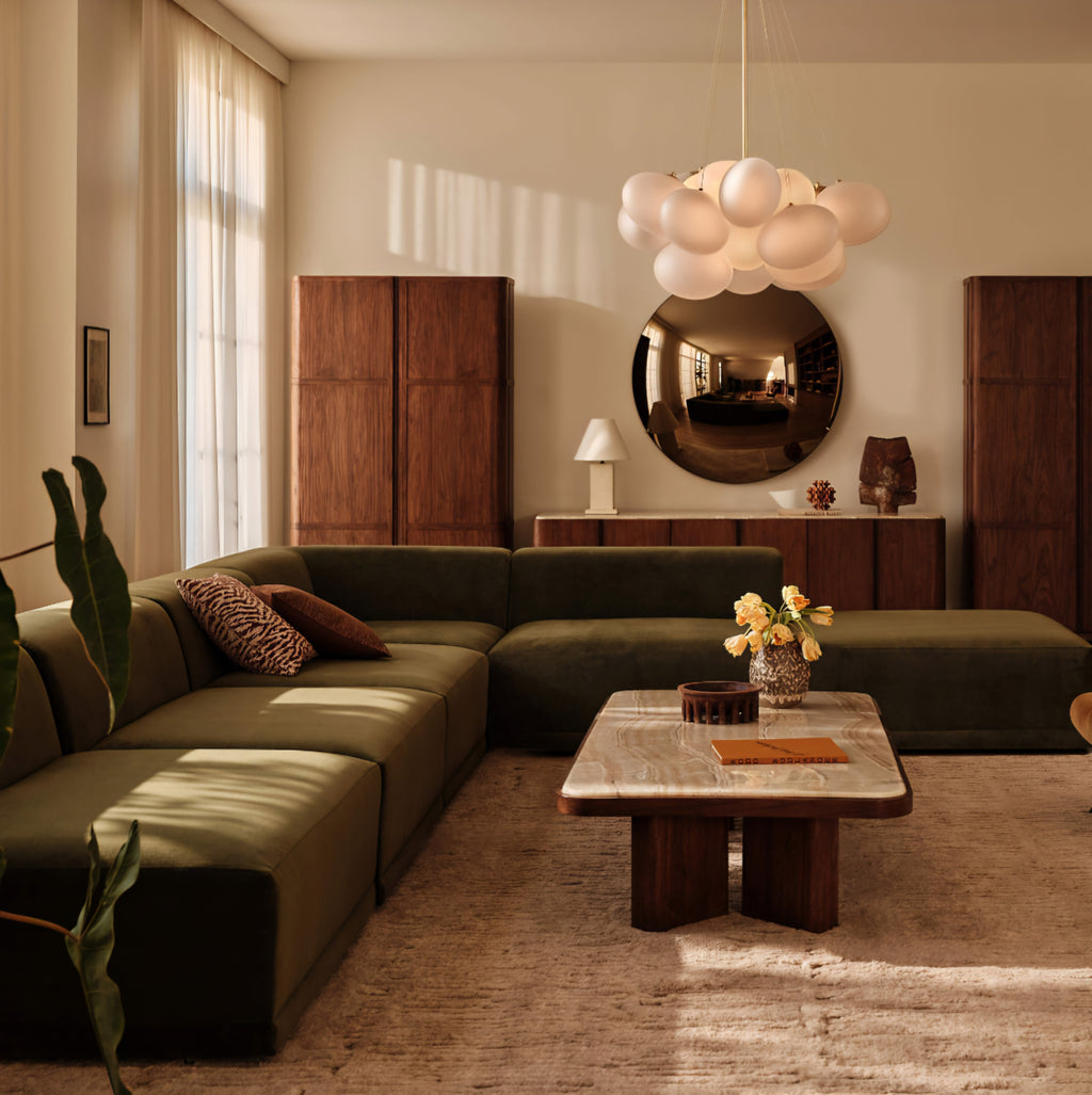 THE ONE × Faible — 6-Piece Modular Right-Arm Wheat Performance Velvet Standard Depth Sectional Sofa