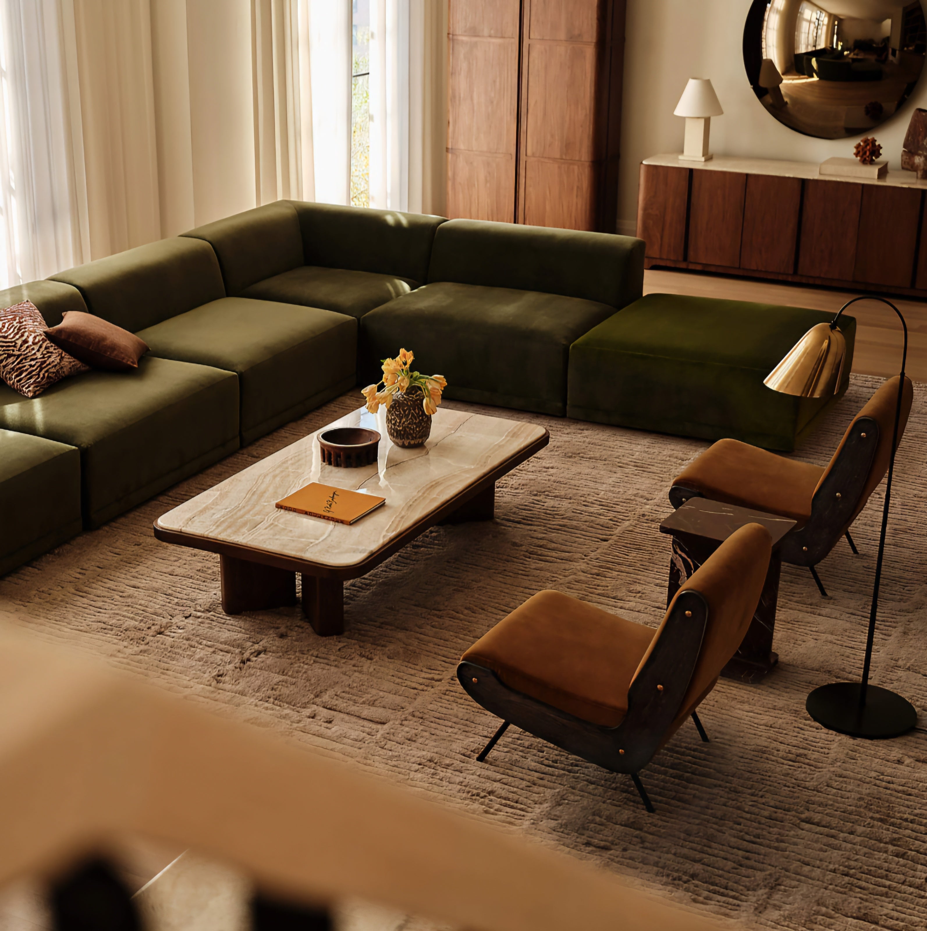 THE ONE × Faible — 6-Piece Modular Right-Arm Wheat Performance Velvet Standard Depth Sectional Sofa