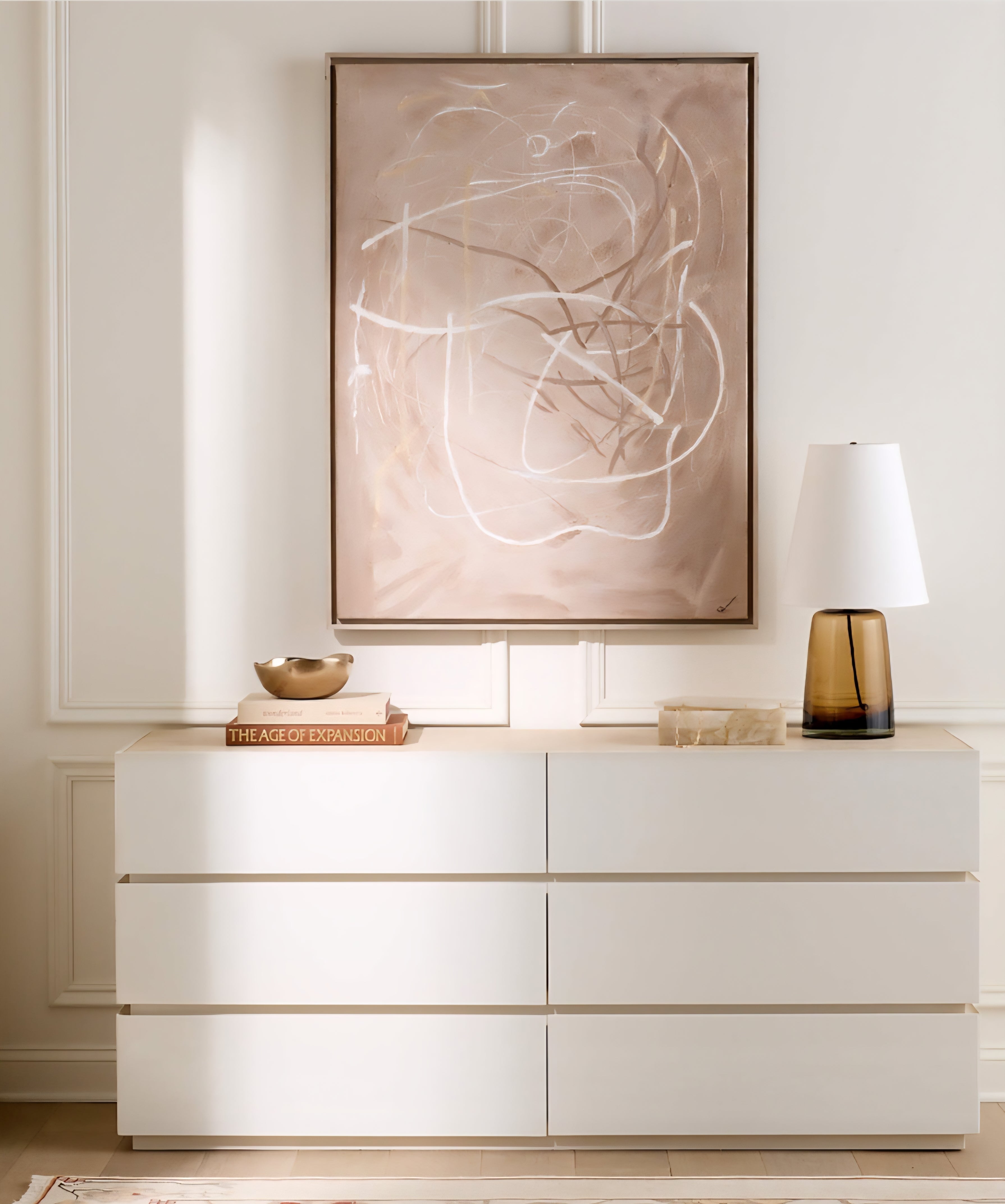 THE ONE × Dover — 9-Drawer Warm White Lacquered Dresser with Travertine Top