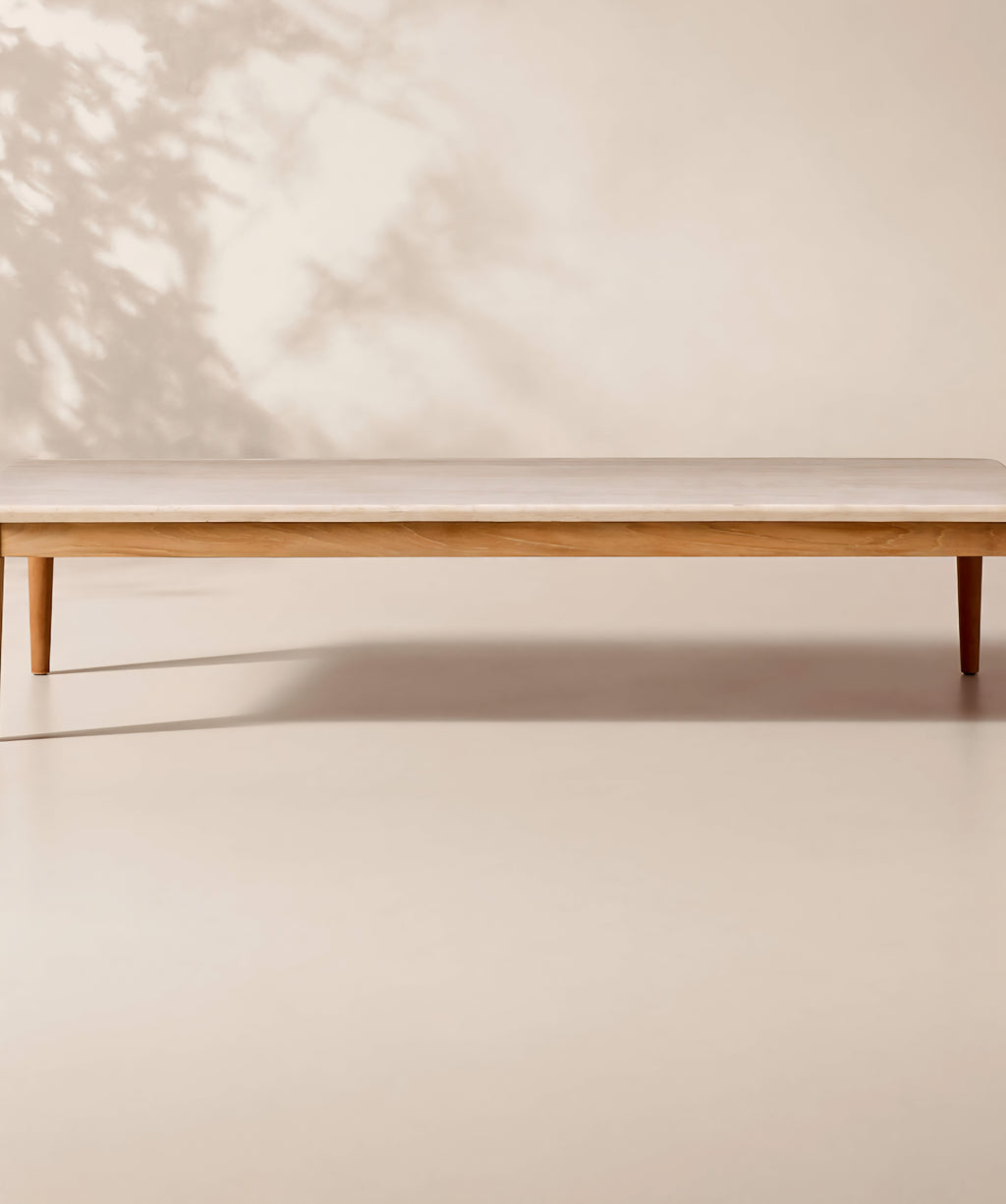 THE ONE × Tide — 60" Rectangular Travertine & Teak Outdoor Coffee Table