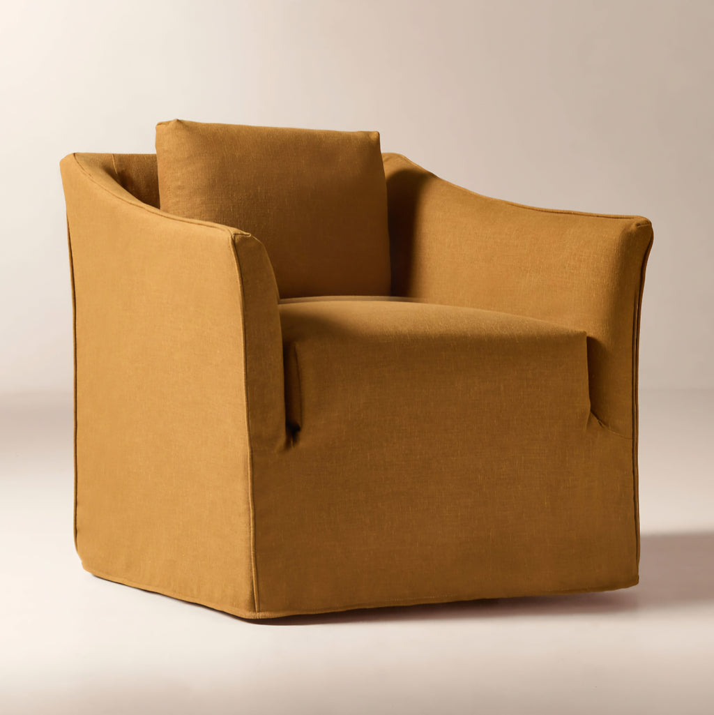 THE ONE × Bristol — Cognac Slipcovered Performance Linen Swivel Chair