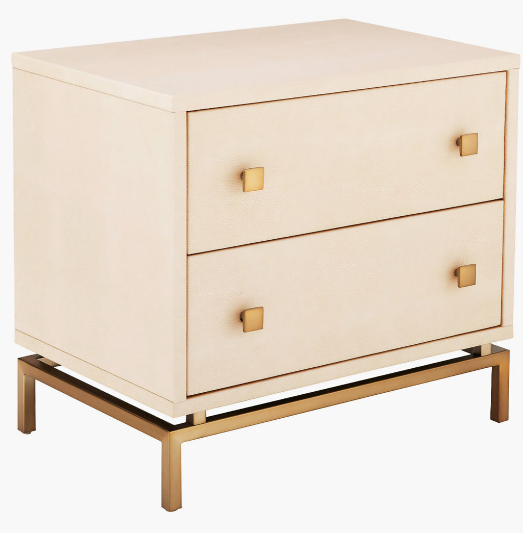THE ONE × Dover — 2-Drawer Warm White Lacquered Nightstand with Travertine Top