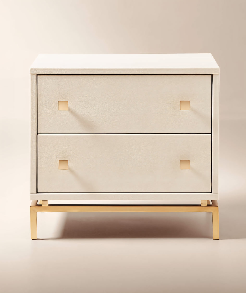 THE ONE × Dover — 2-Drawer Warm White Lacquered Nightstand with Travertine Top