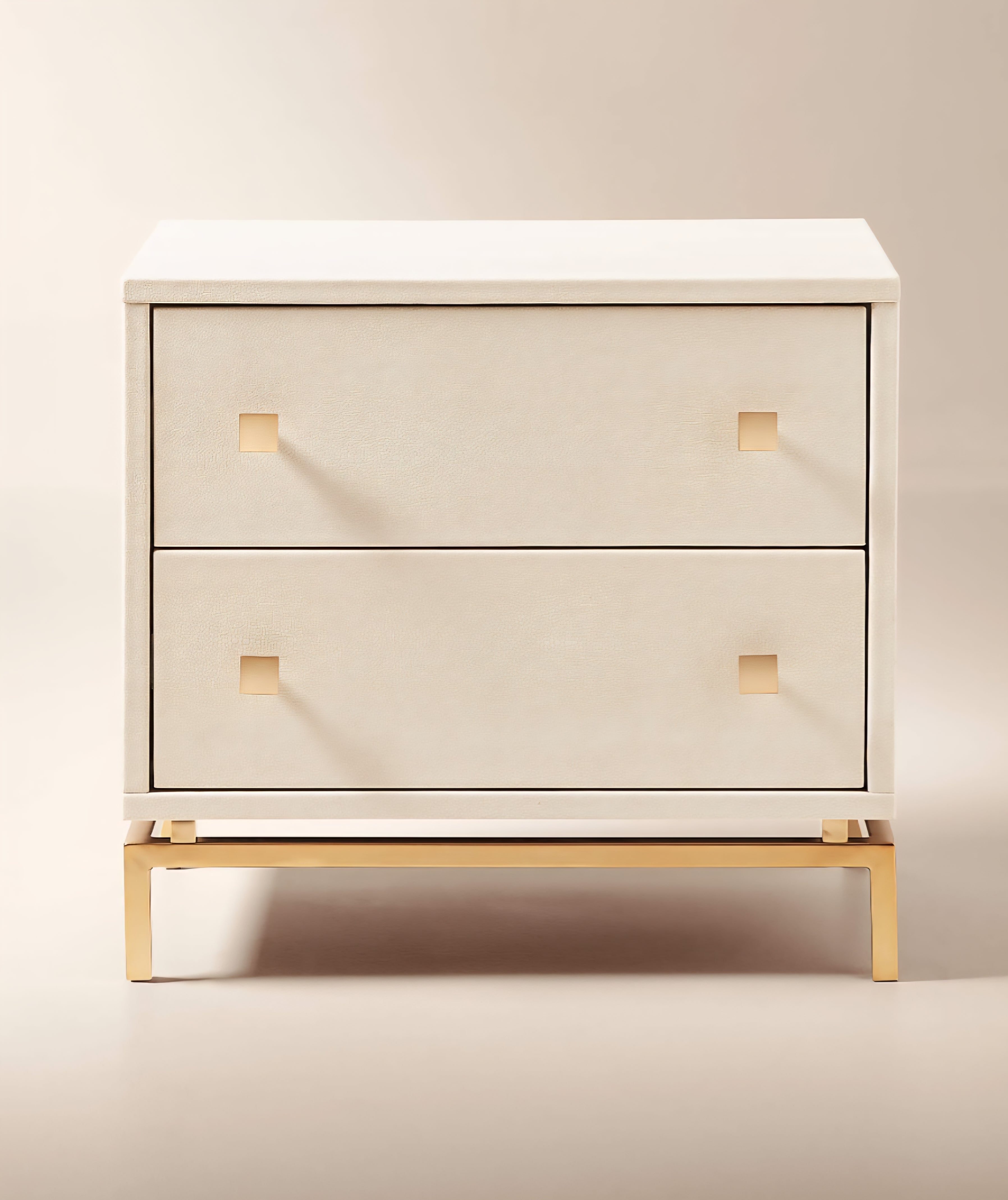 THE ONE × Dover — 2-Drawer Warm White Lacquered Nightstand with Travertine Top