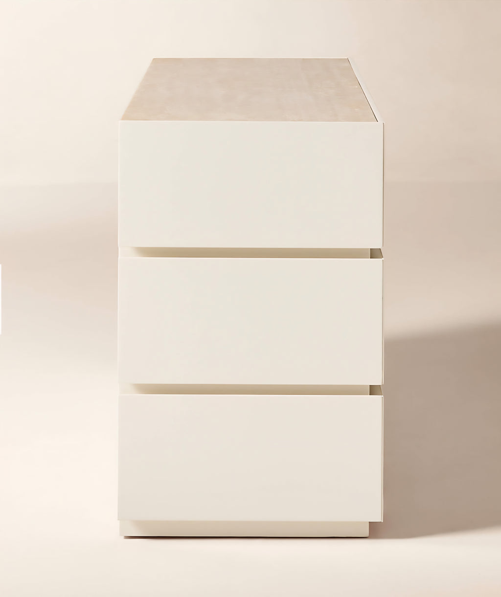 THE ONE × Dover — 9-Drawer Warm White Lacquered Dresser with Travertine Top