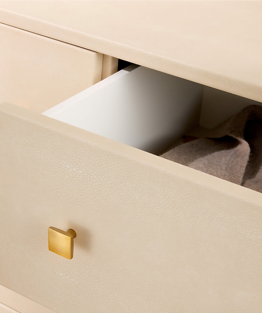 THE ONE × Dover — 2-Drawer Warm White Lacquered Nightstand with Travertine Top