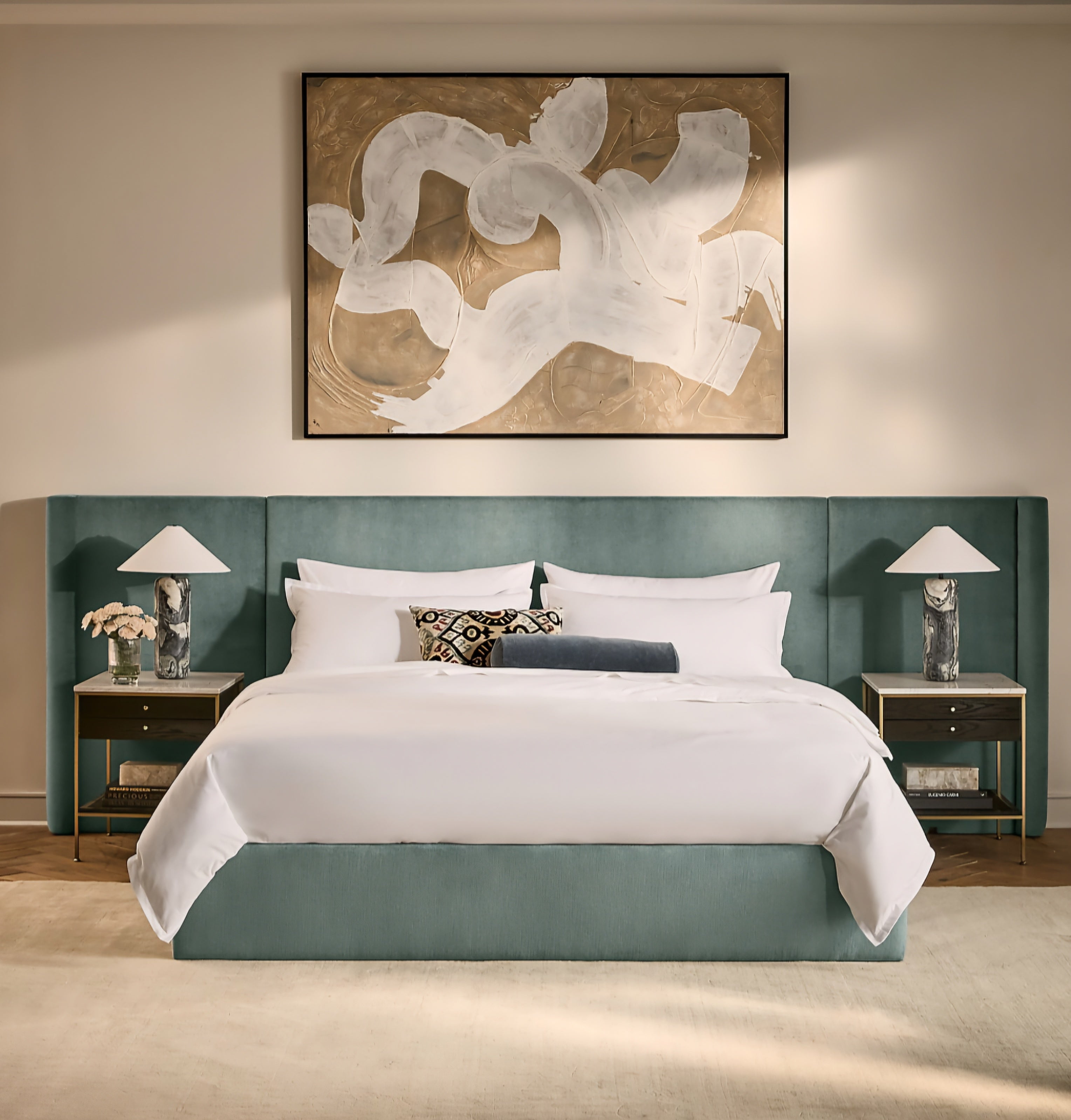 THE ONE × Abbott — Arctic Blue Velvet Upholstered Extended King Platform Bed