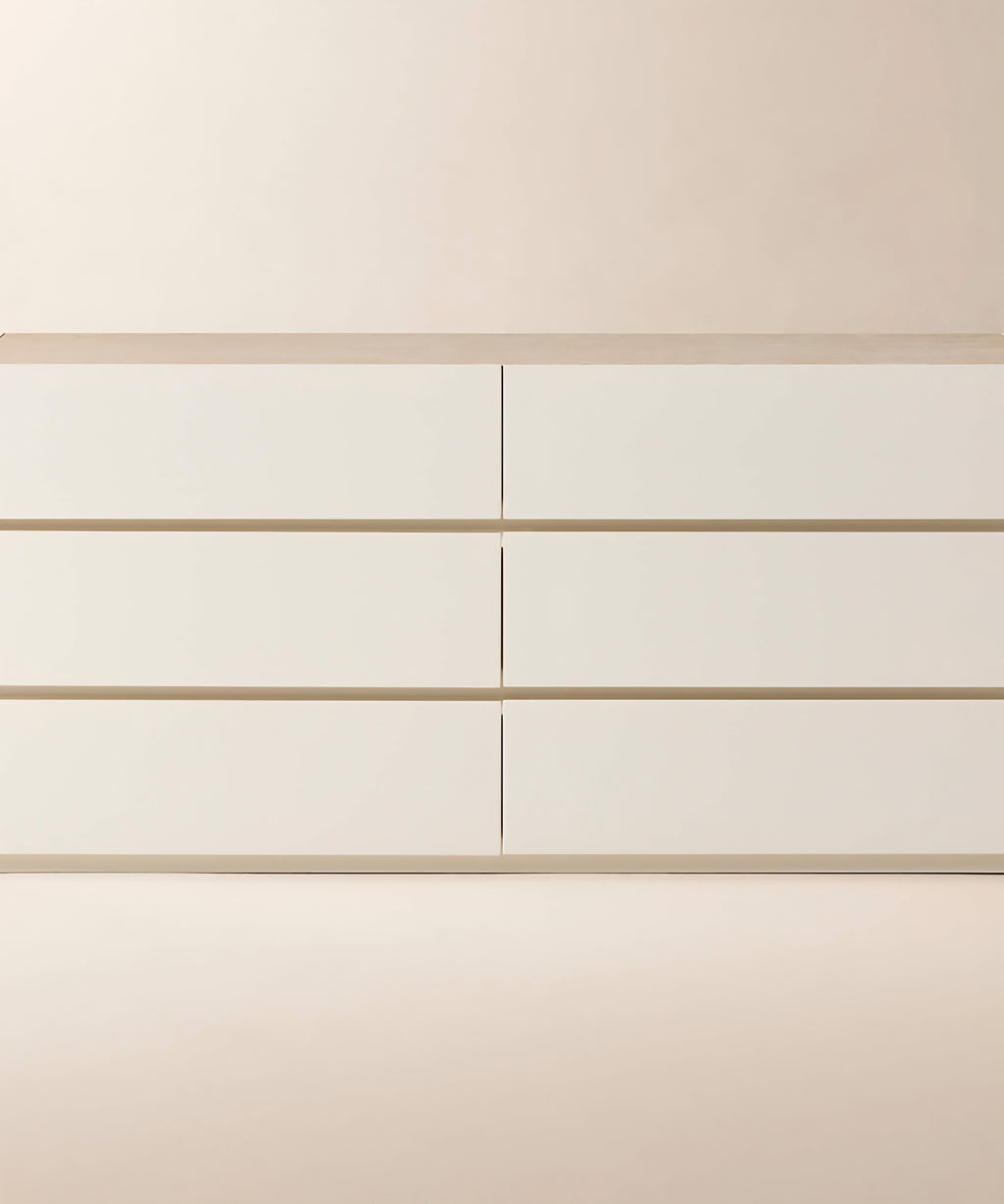 THE ONE × Dover — 9-Drawer Warm White Lacquered Dresser with Travertine Top