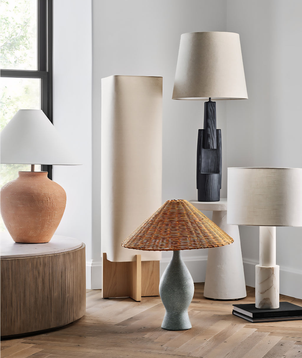THE ONE × Courbe — Green Ceramic Table Lamp with Rattan Shade
